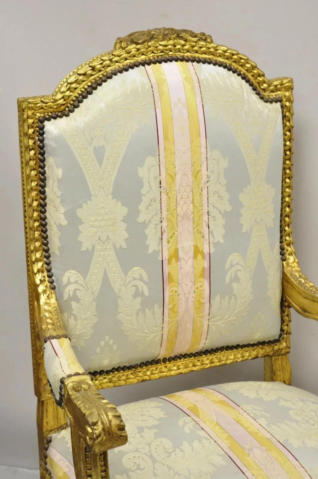 Vintage French Louis XVI Gold Giltwood Upholstered Lounge Chairs (B) - a Pair in vendita 5