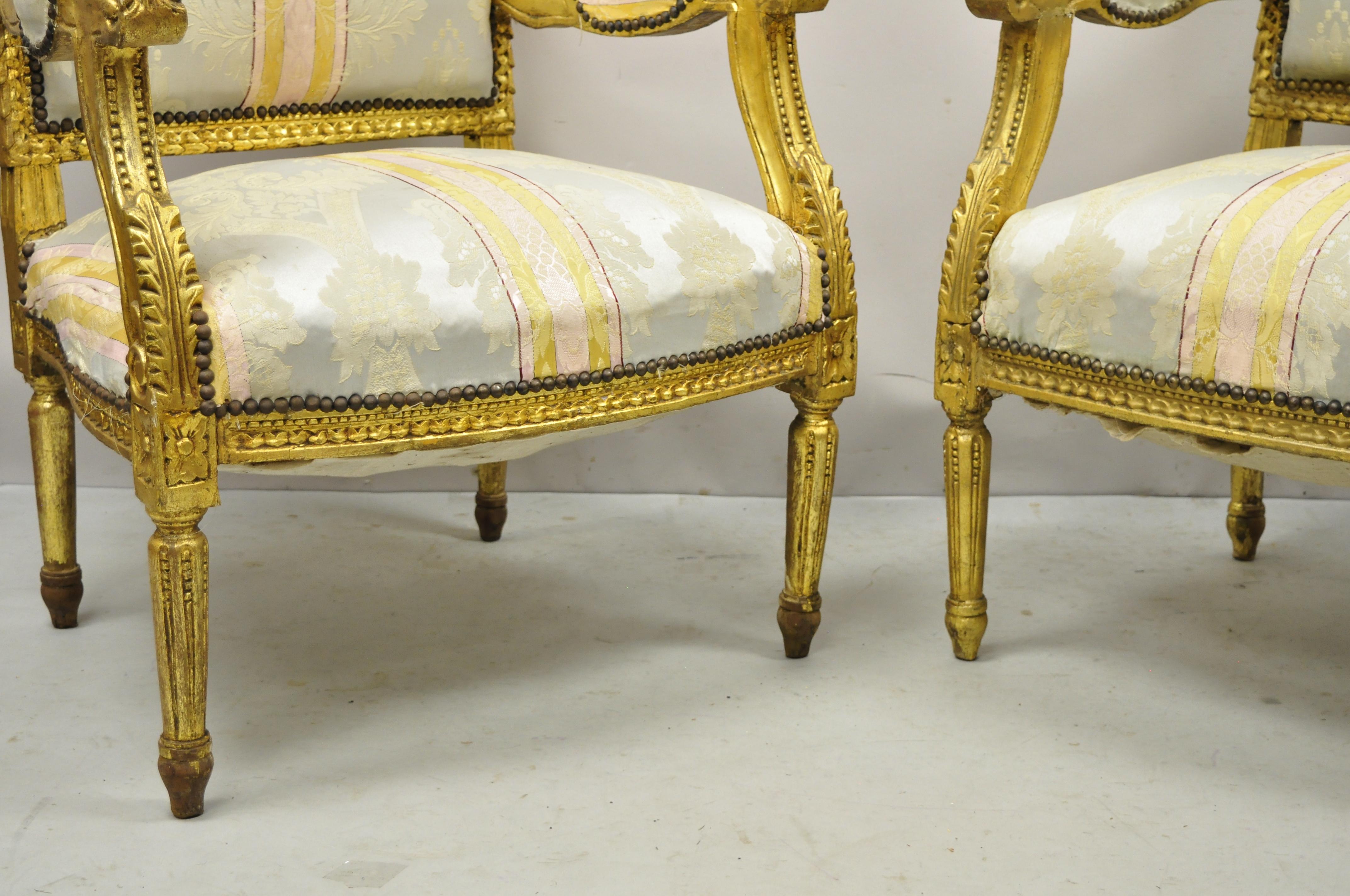 Fabric Vintage French Louis XVI Gold Giltwood Upholstered Lounge Chairs 'B', a Pair For Sale