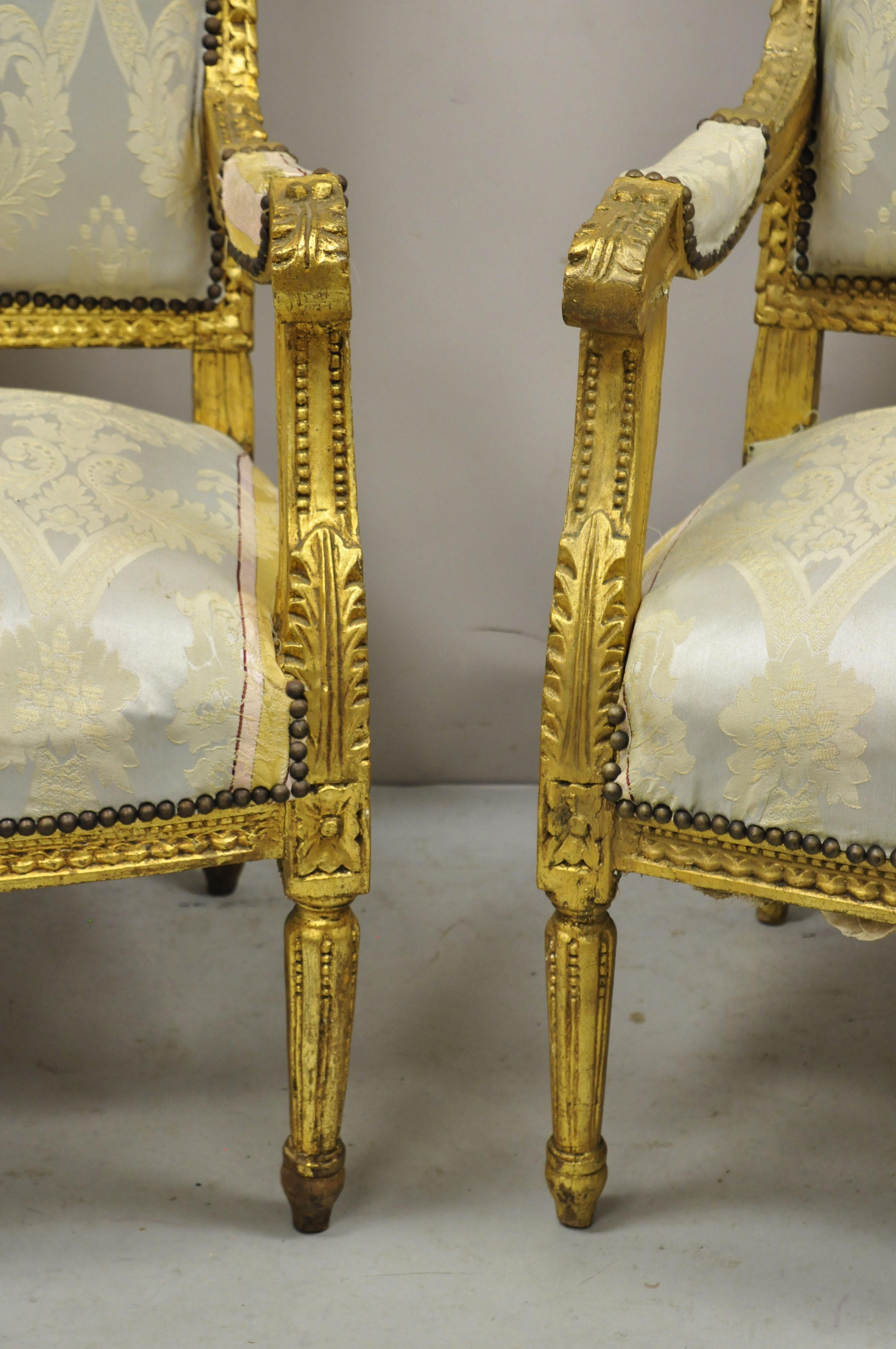 Vintage French Louis XVI Gold Giltwood Upholstered Lounge Chairs 'B', a Pair For Sale 1