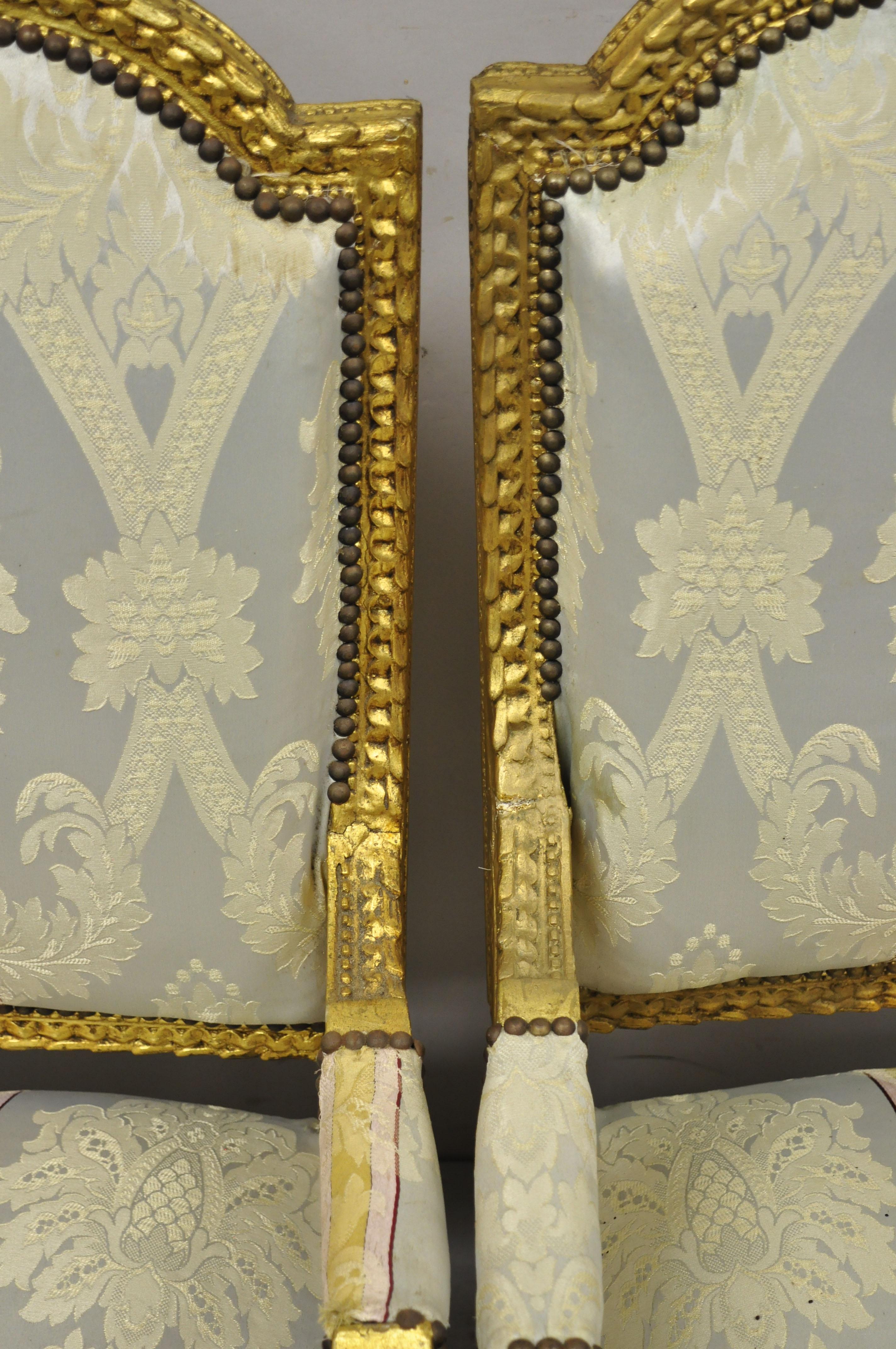 Vintage French Louis XVI Gold Giltwood Upholstered Lounge Chairs 'B', a Pair For Sale 2