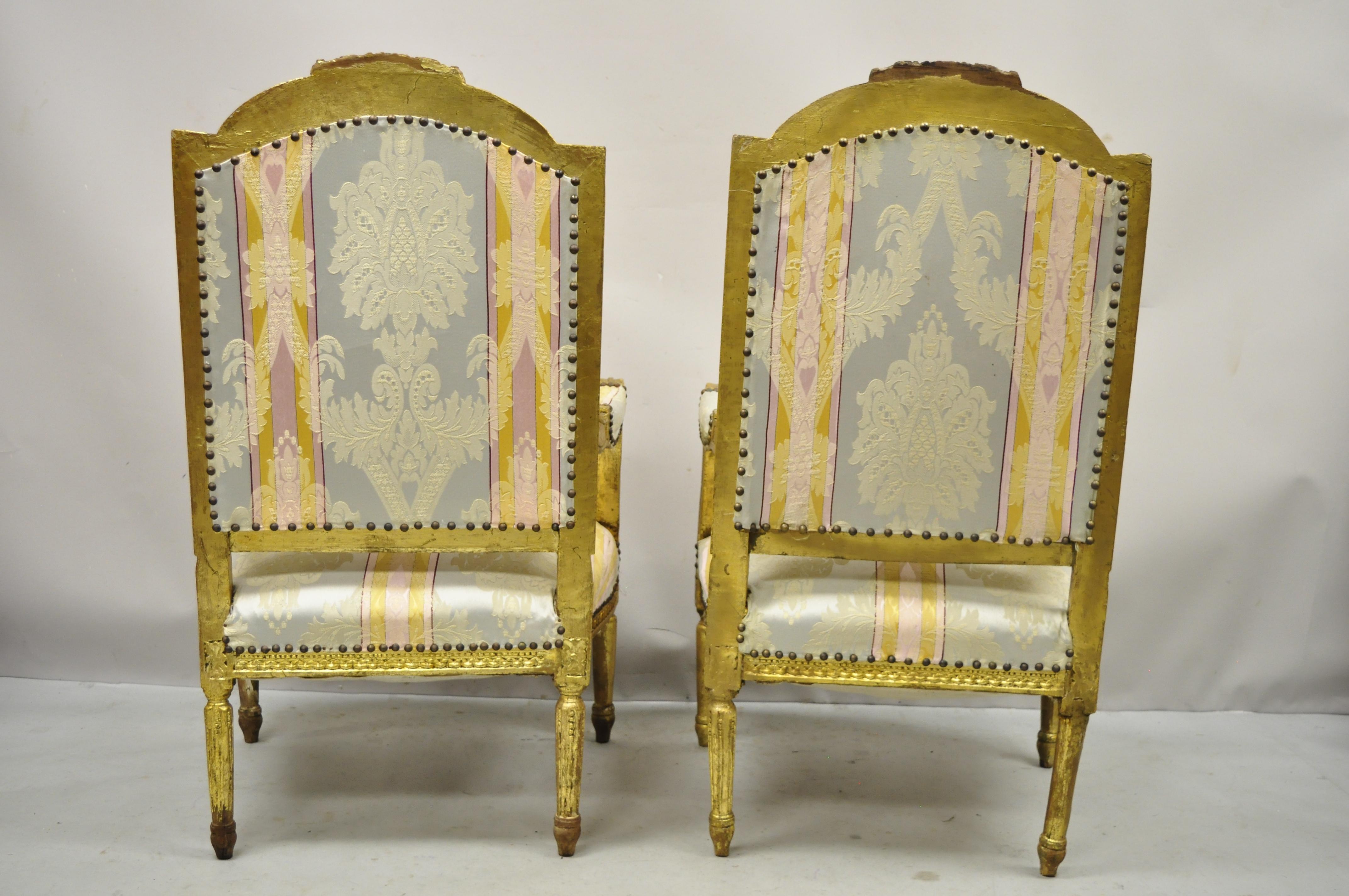 Vintage French Louis XVI Gold Giltwood Upholstered Lounge Chairs 'B', a Pair For Sale 4