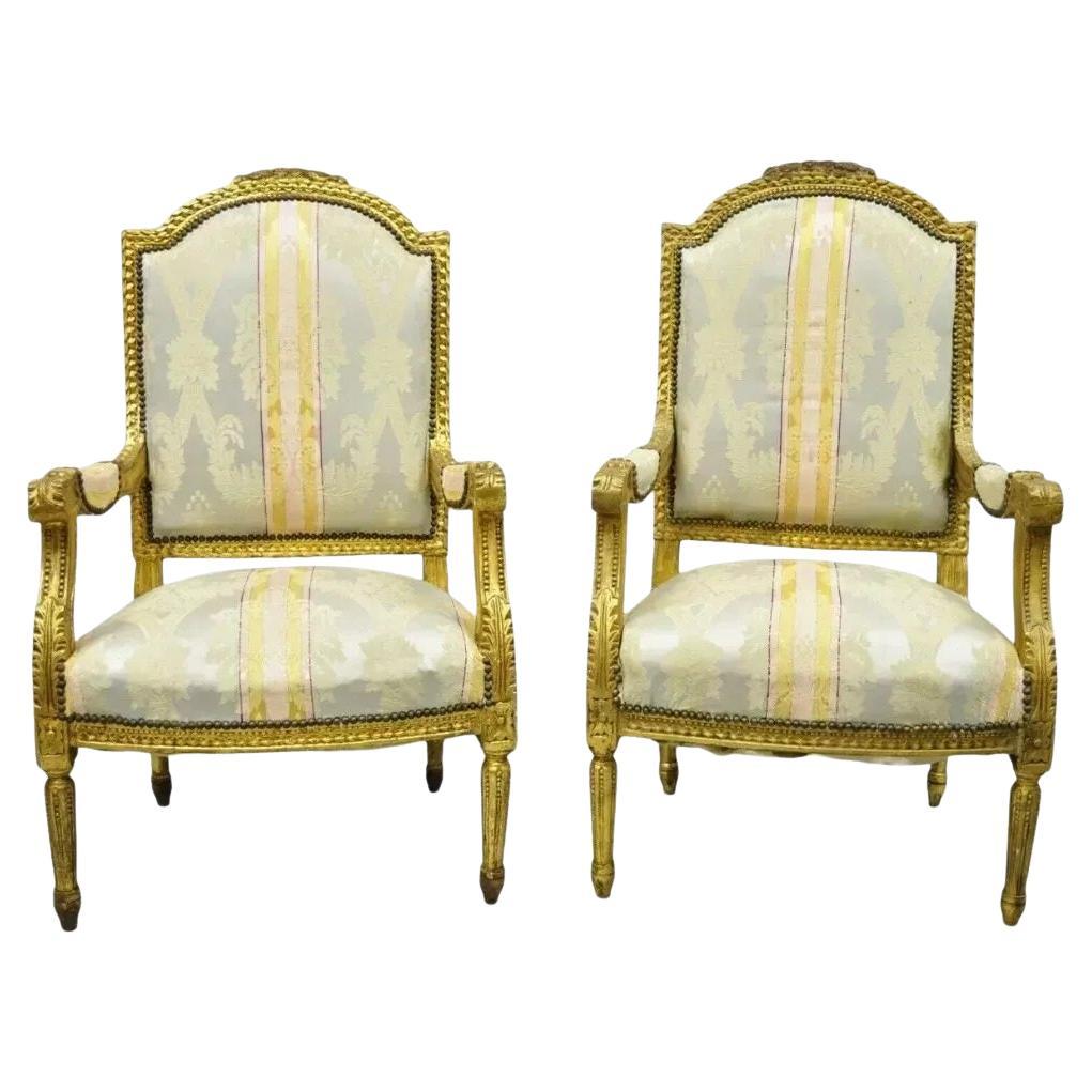 Vintage French Louis XVI Gold Giltwood Upholstered Lounge Chairs (B) - a Pair in vendita