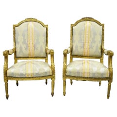 Vintage French Louis XVI Gold Giltwood Upholstered Lounge Chairs (B) - a Pair