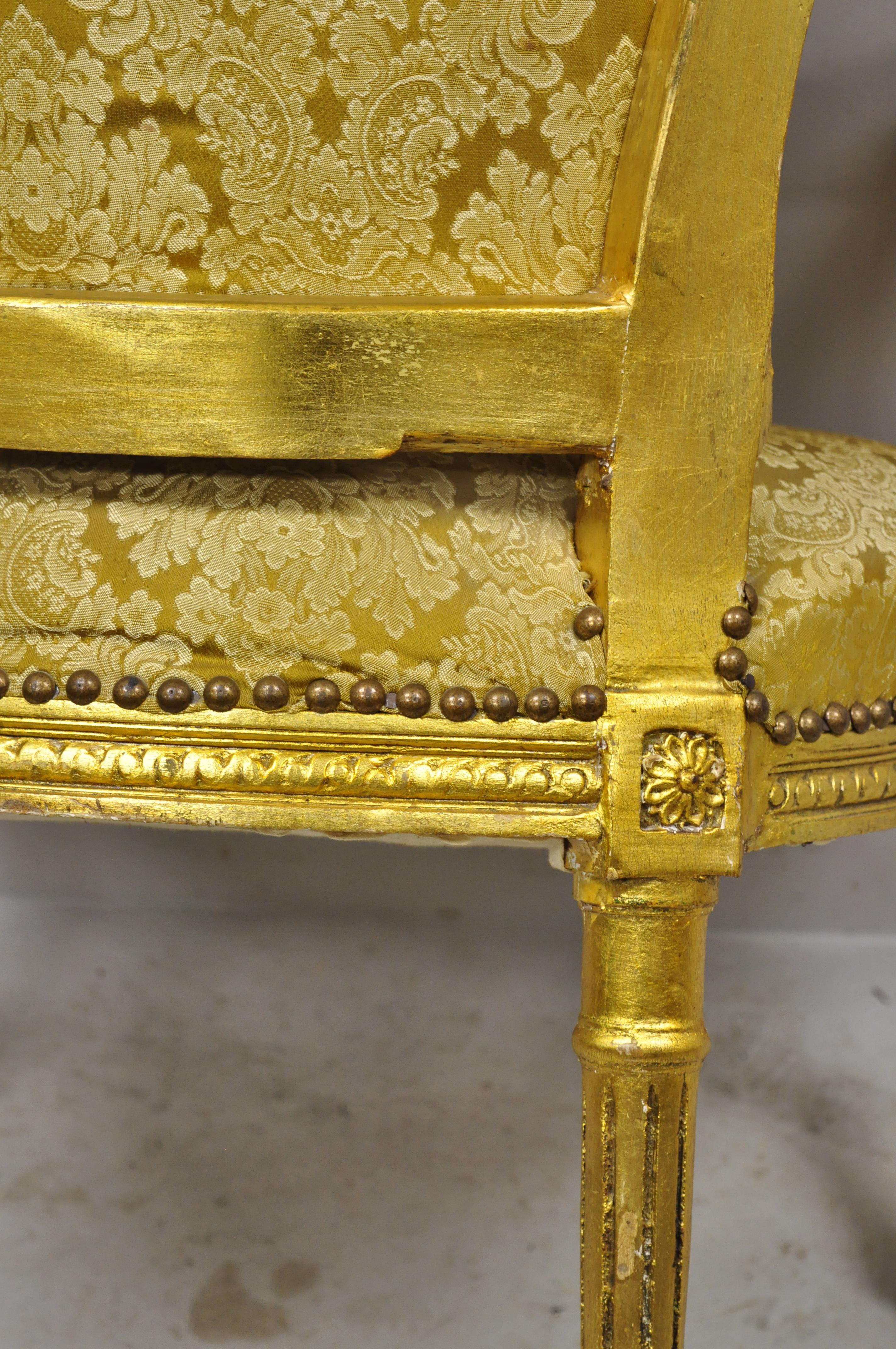 Vintage French Louis XVI Gold Leaf Balloon Back Fauteuil Armchairs, a Pair For Sale 6