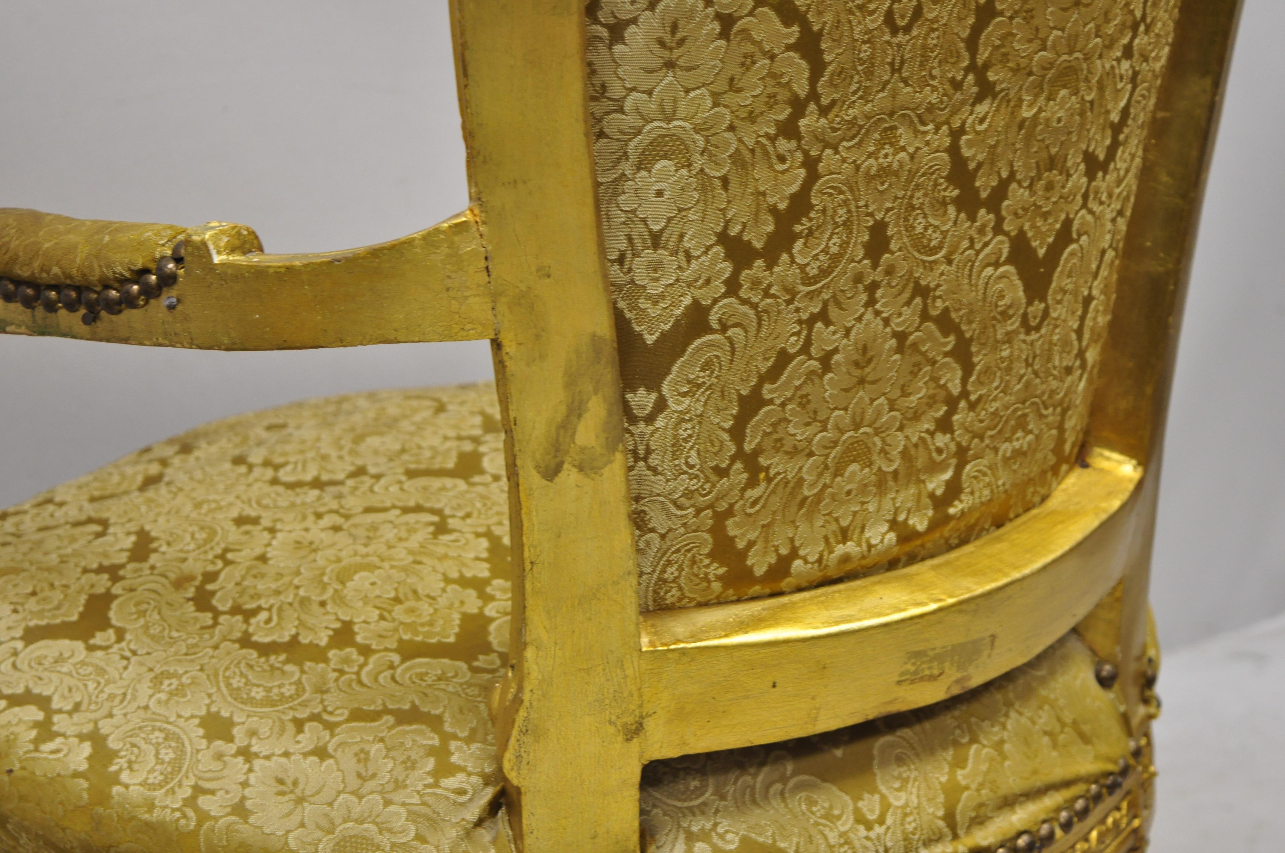 Vintage French Louis XVI Gold Leaf Balloon Back Fauteuil Armchairs, a Pair For Sale 7