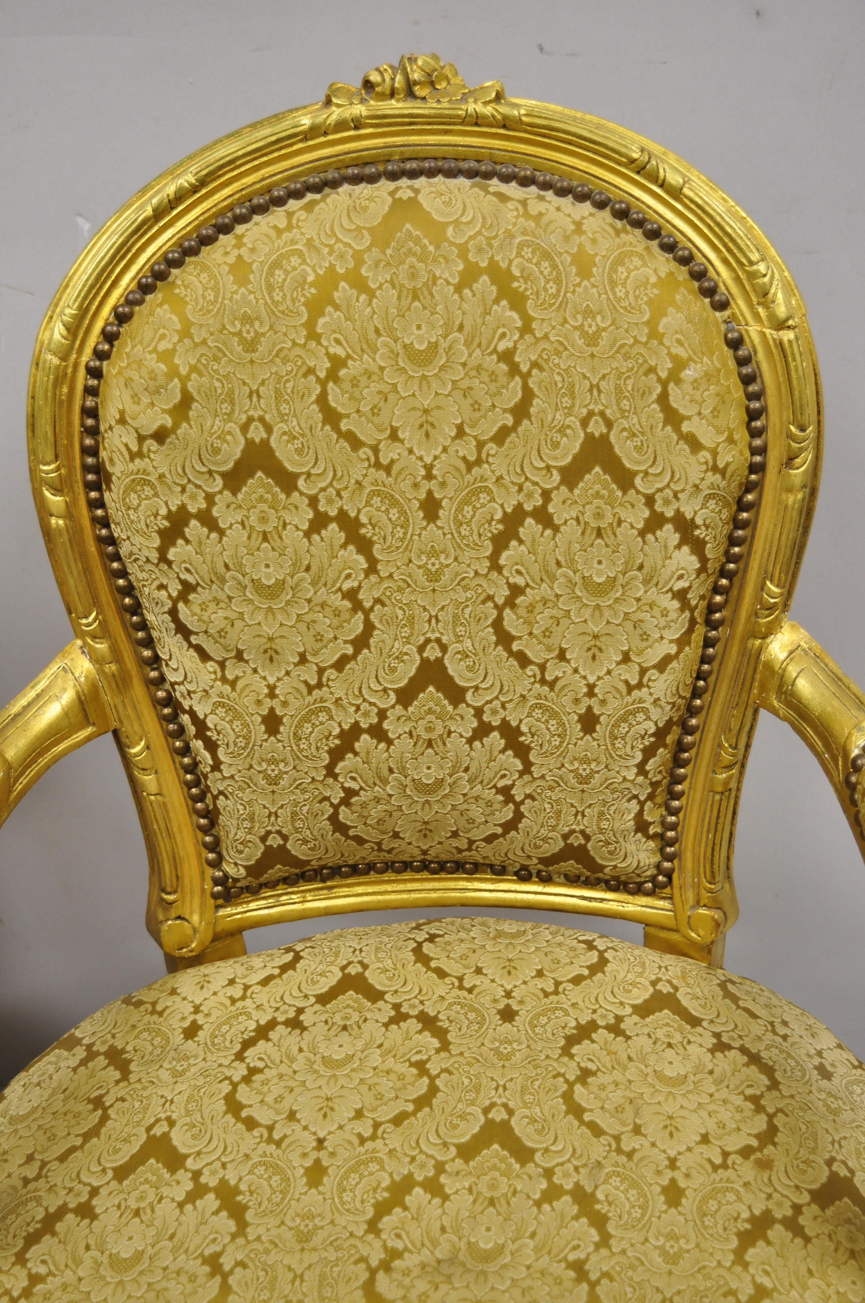 Vintage French Louis XVI Gold Leaf Balloon Back Fauteuil Armchairs, a Pair In Good Condition For Sale In Philadelphia, PA