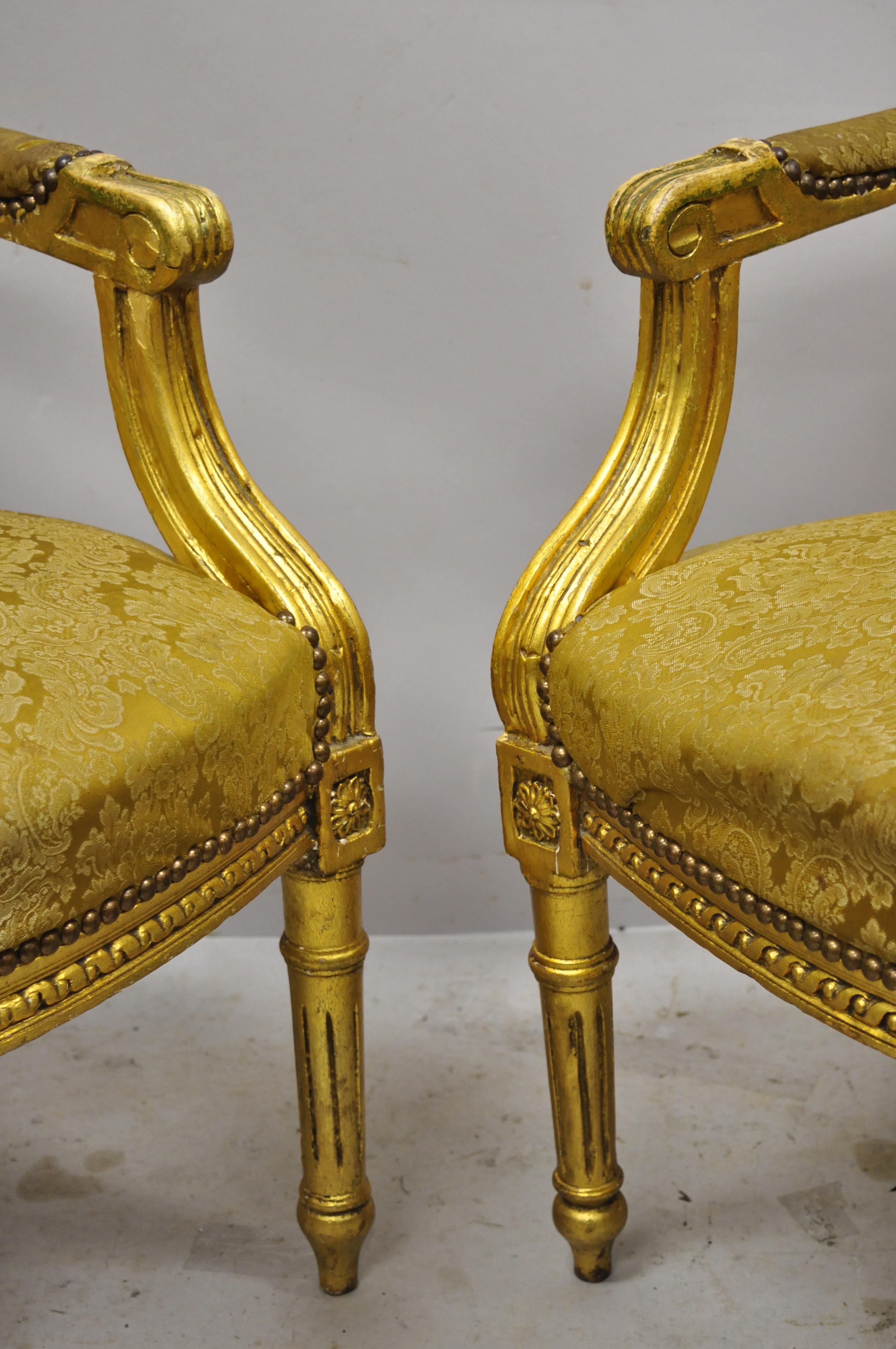 20th Century Vintage French Louis XVI Gold Leaf Balloon Back Fauteuil Armchairs, a Pair For Sale