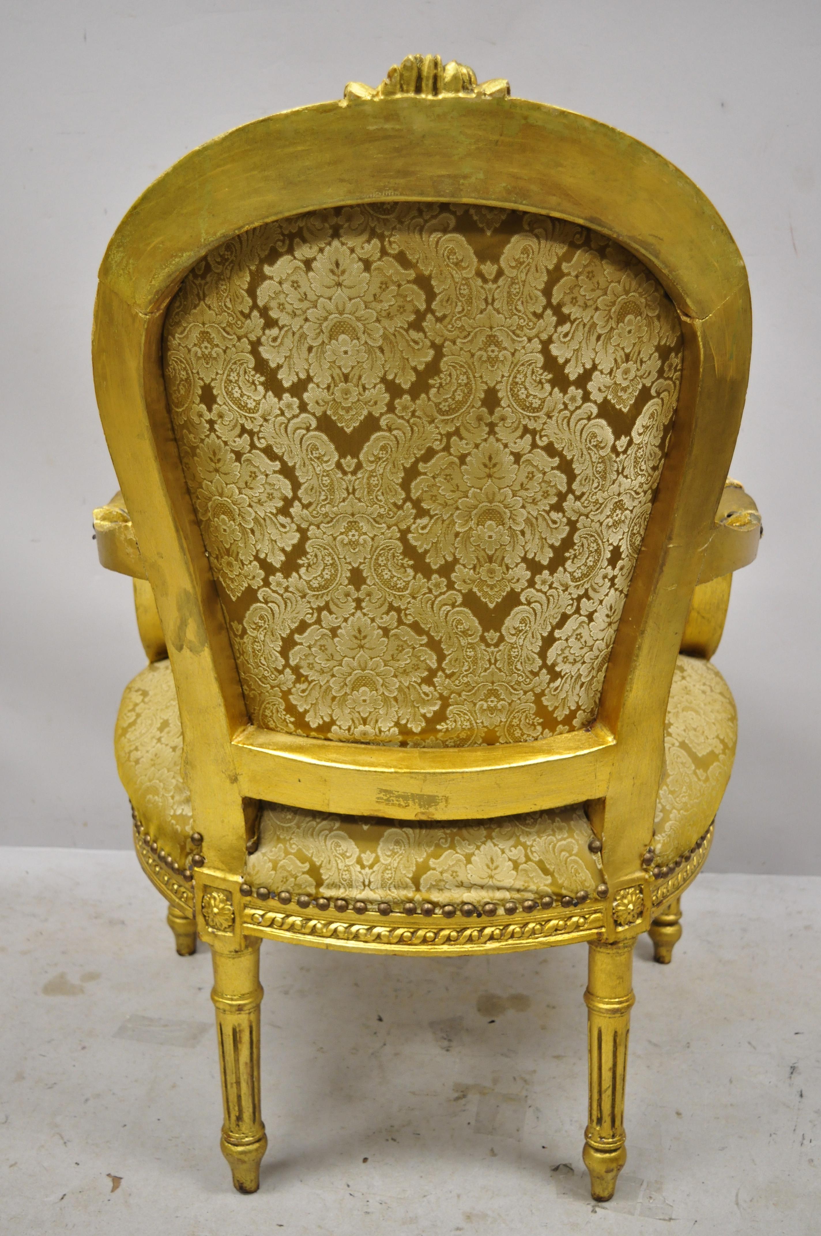 Vintage French Louis XVI Gold Leaf Balloon Back Fauteuil Armchairs, a Pair For Sale 2