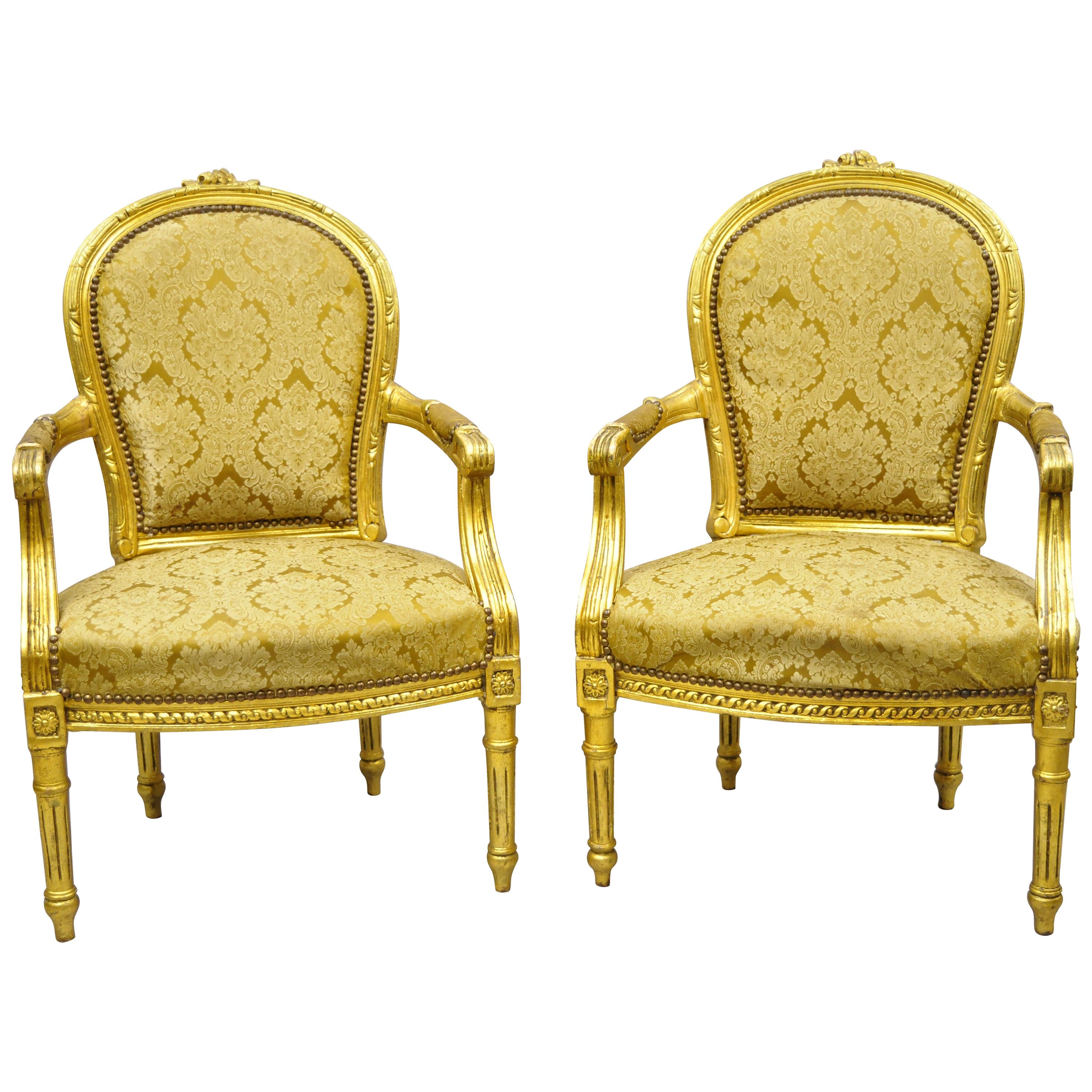 Vintage French Louis XVI Gold Leaf Balloon Back Fauteuil Armchairs, a Pair For Sale