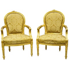 Retro French Louis XVI Gold Leaf Balloon Back Fauteuil Armchairs, a Pair