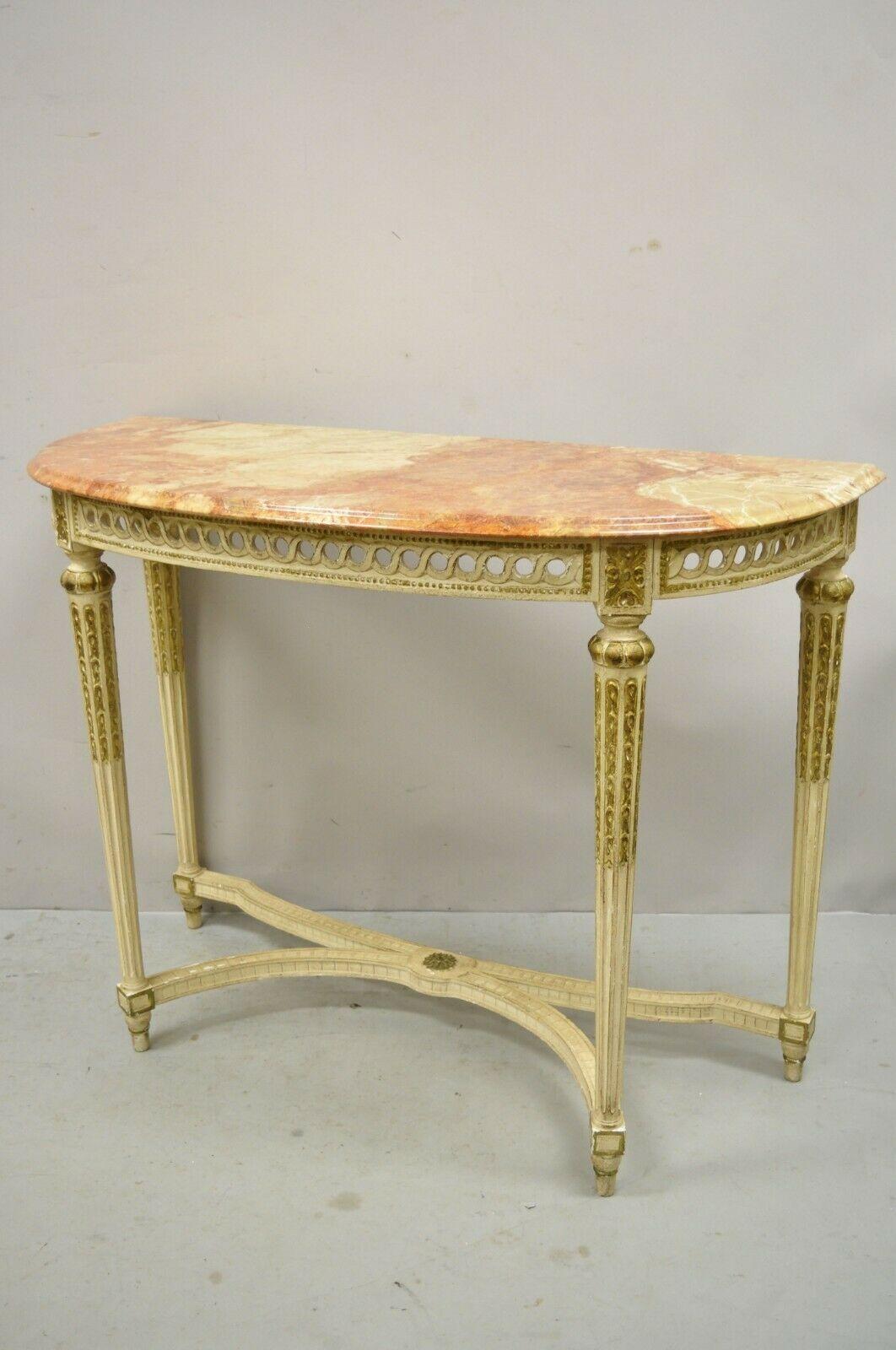 Vintage French Louis XVI Italian Pink Marble Top Demilune Console Hall Table For Sale 8