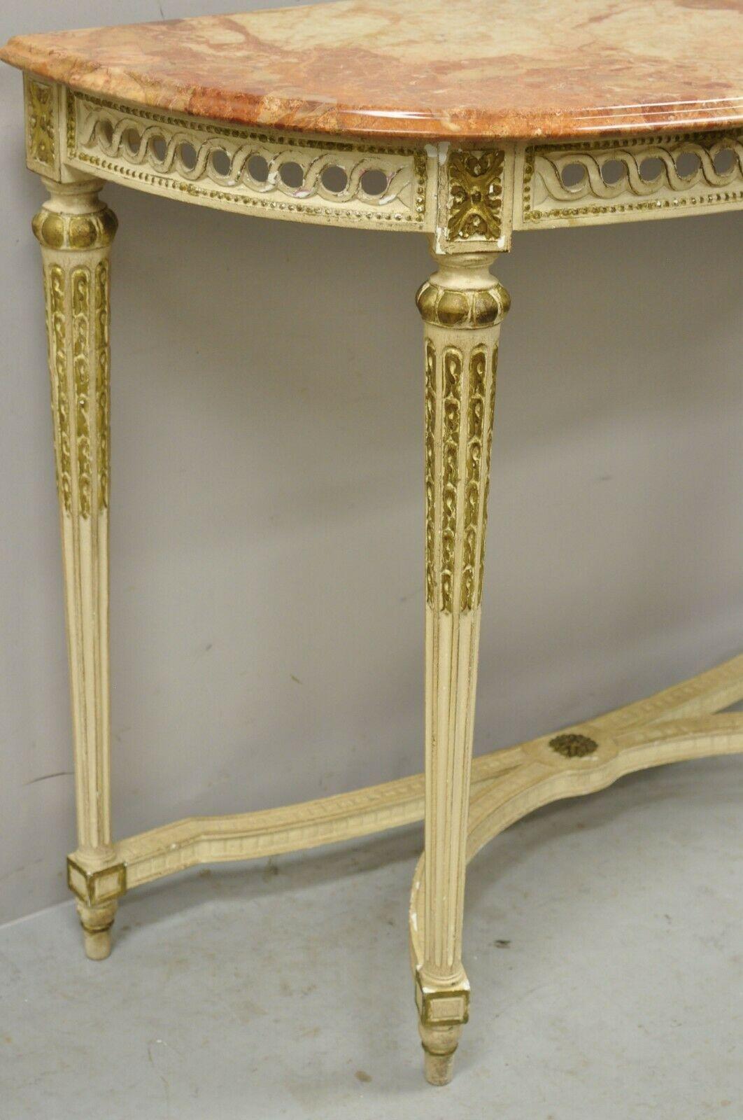 Vintage French Louis XVI Italian Pink Marble Top Demilune Console Hall Table For Sale 1