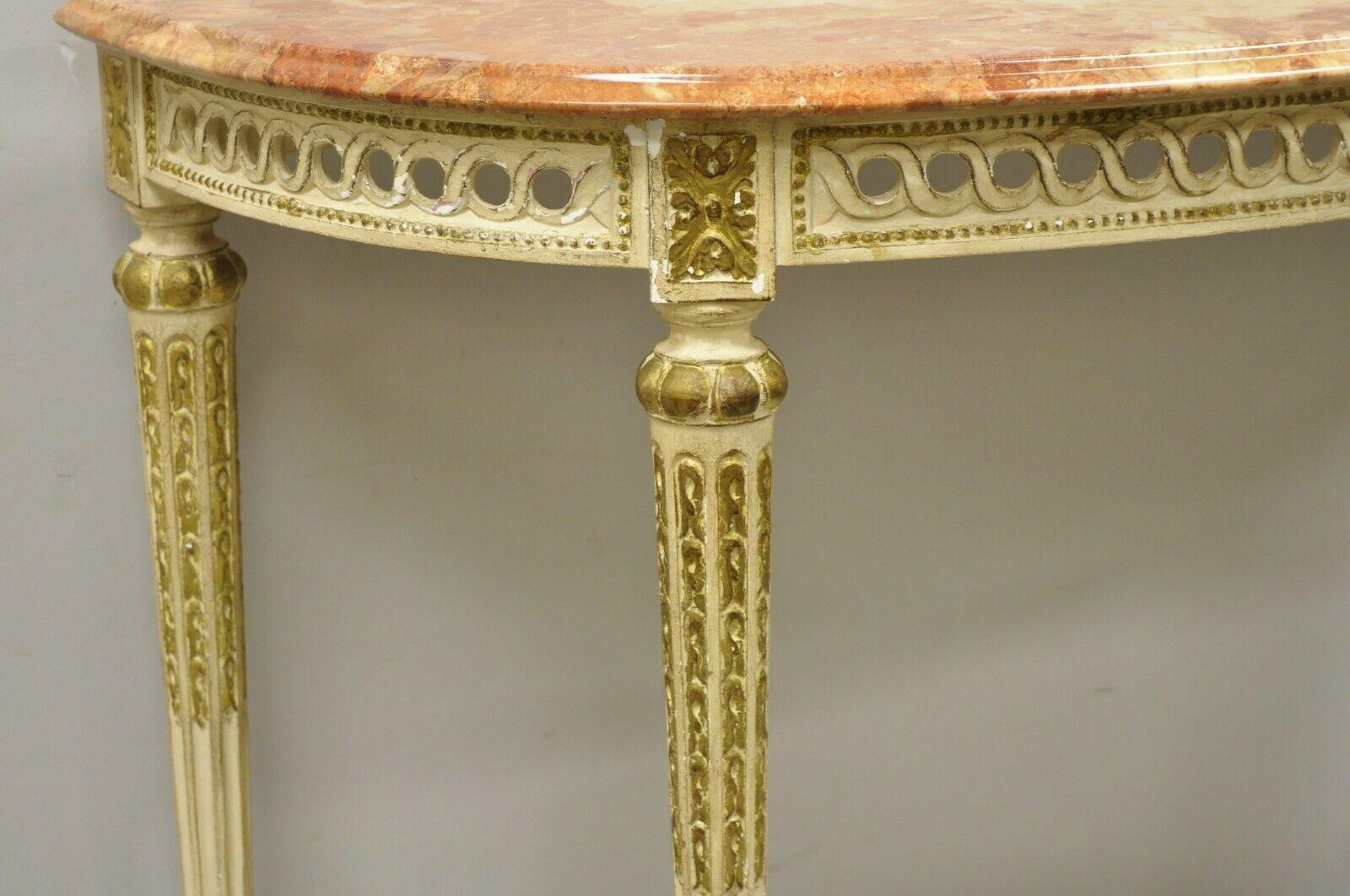Vintage French Louis XVI Italian Pink Marble Top Demilune Console Hall Table For Sale 2