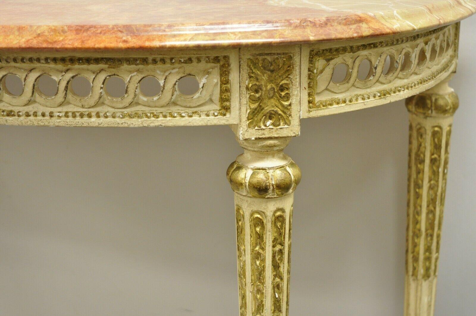 Vintage French Louis XVI Italian Pink Marble Top Demilune Console Hall Table For Sale 3