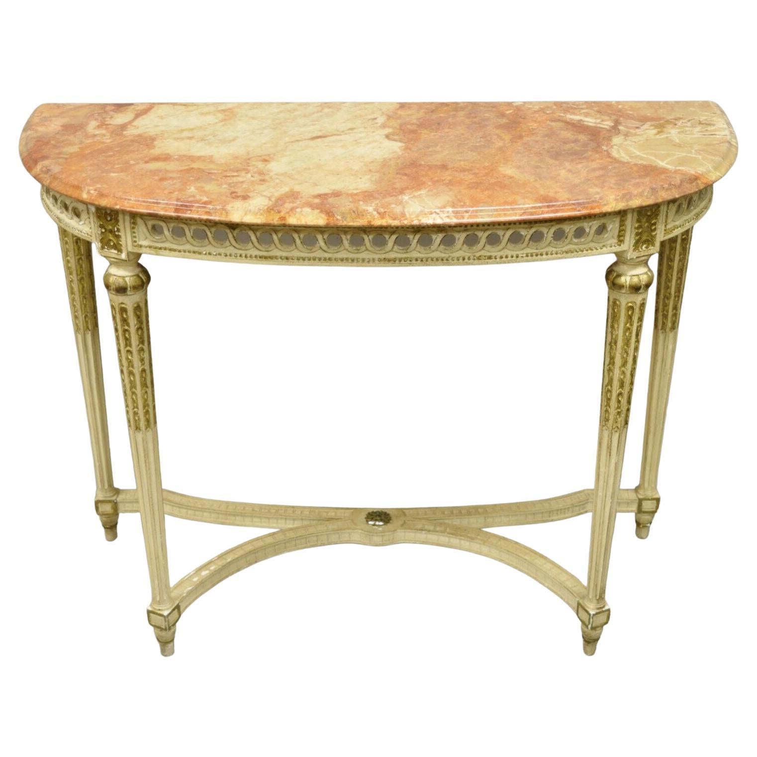 Vintage French Louis XVI Italian Pink Marble Top Demilune Console Hall Table For Sale