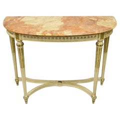Retro French Louis XVI Italian Pink Marble Top Demilune Console Hall Table