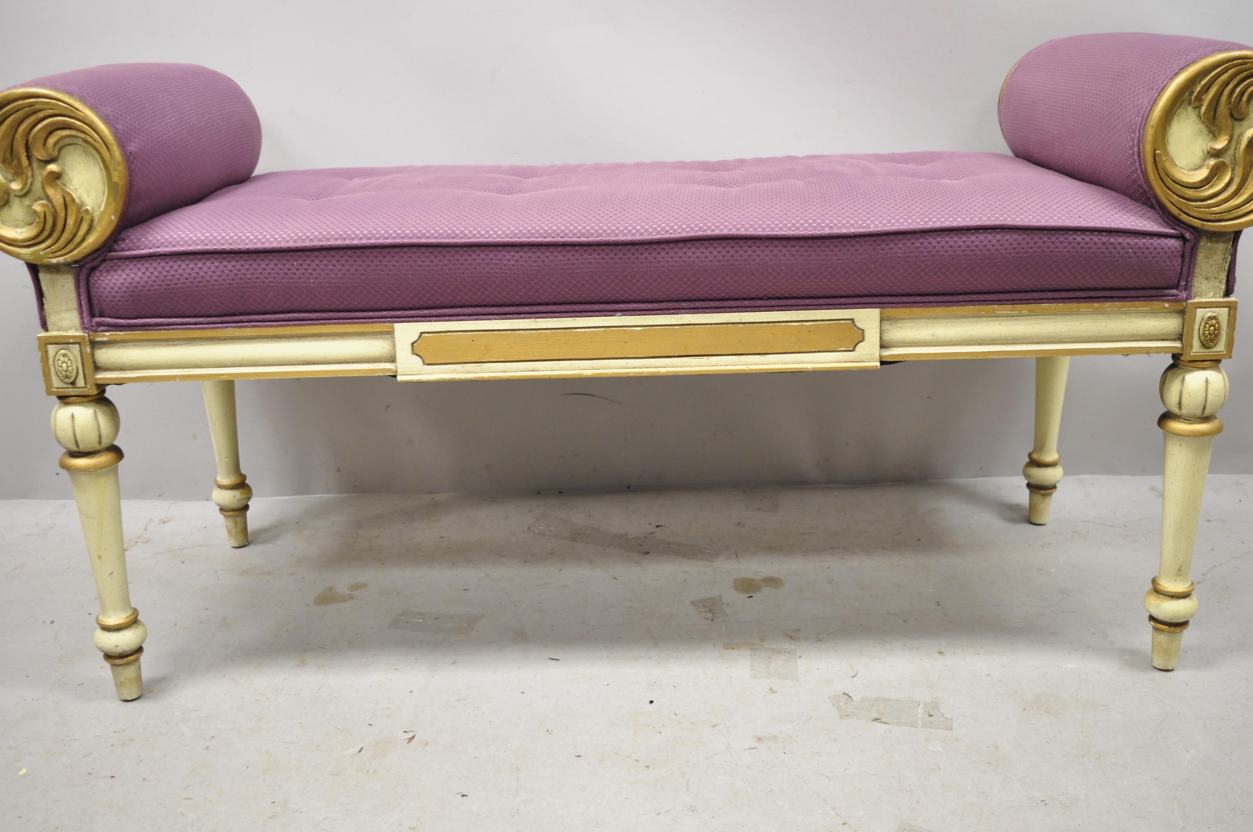 Vintage French Louis XVI Italian Provincial Cream Painted Purple Window Bench 5