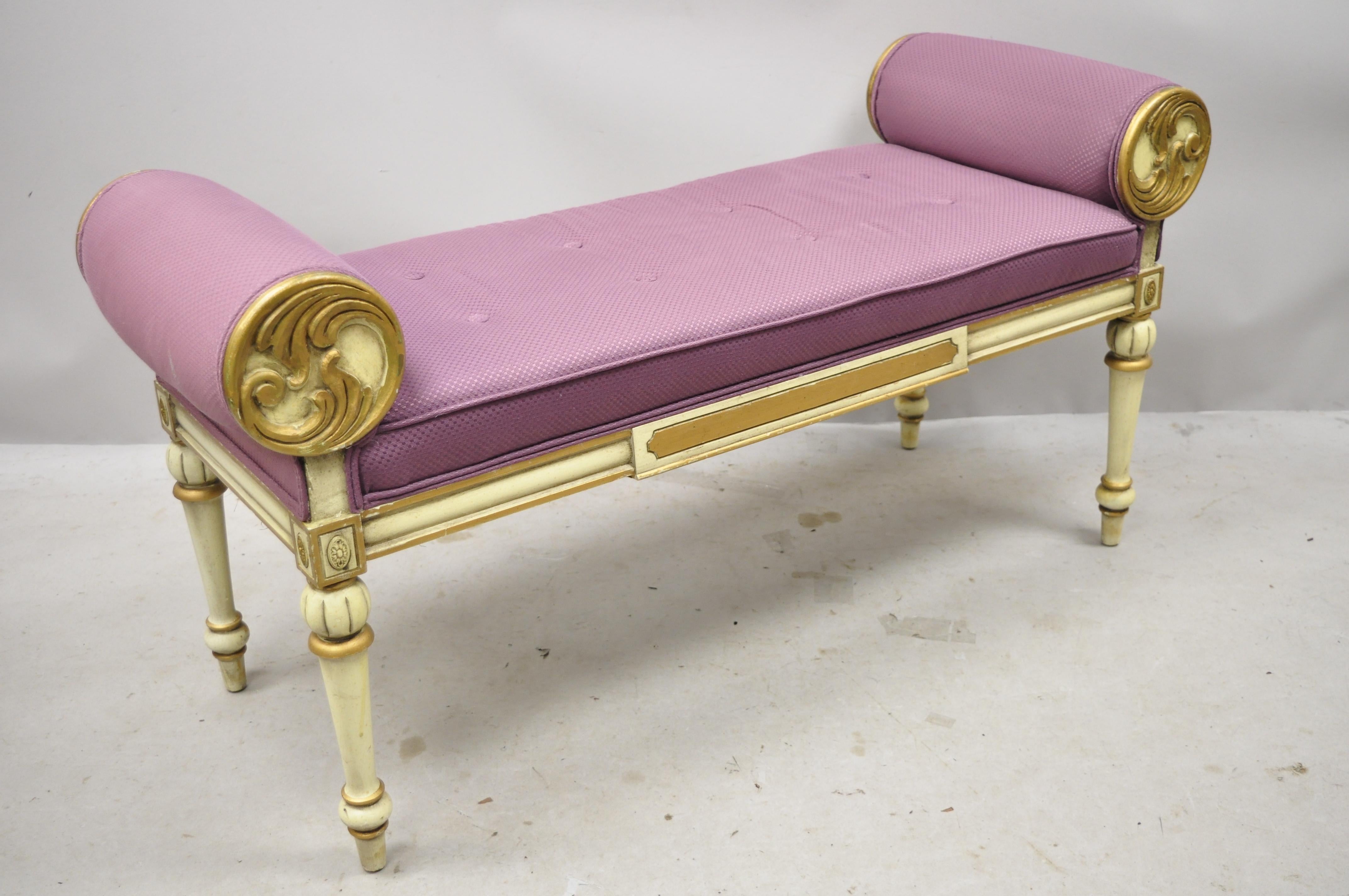 Vintage French Louis XVI Italian Provincial cream painted purple window bench. Item features rolled arms, purple tufted upholstery, solid wood frame, distressed finish, tapered legs, very nice vintage, great style and form, circa mid-20th century.