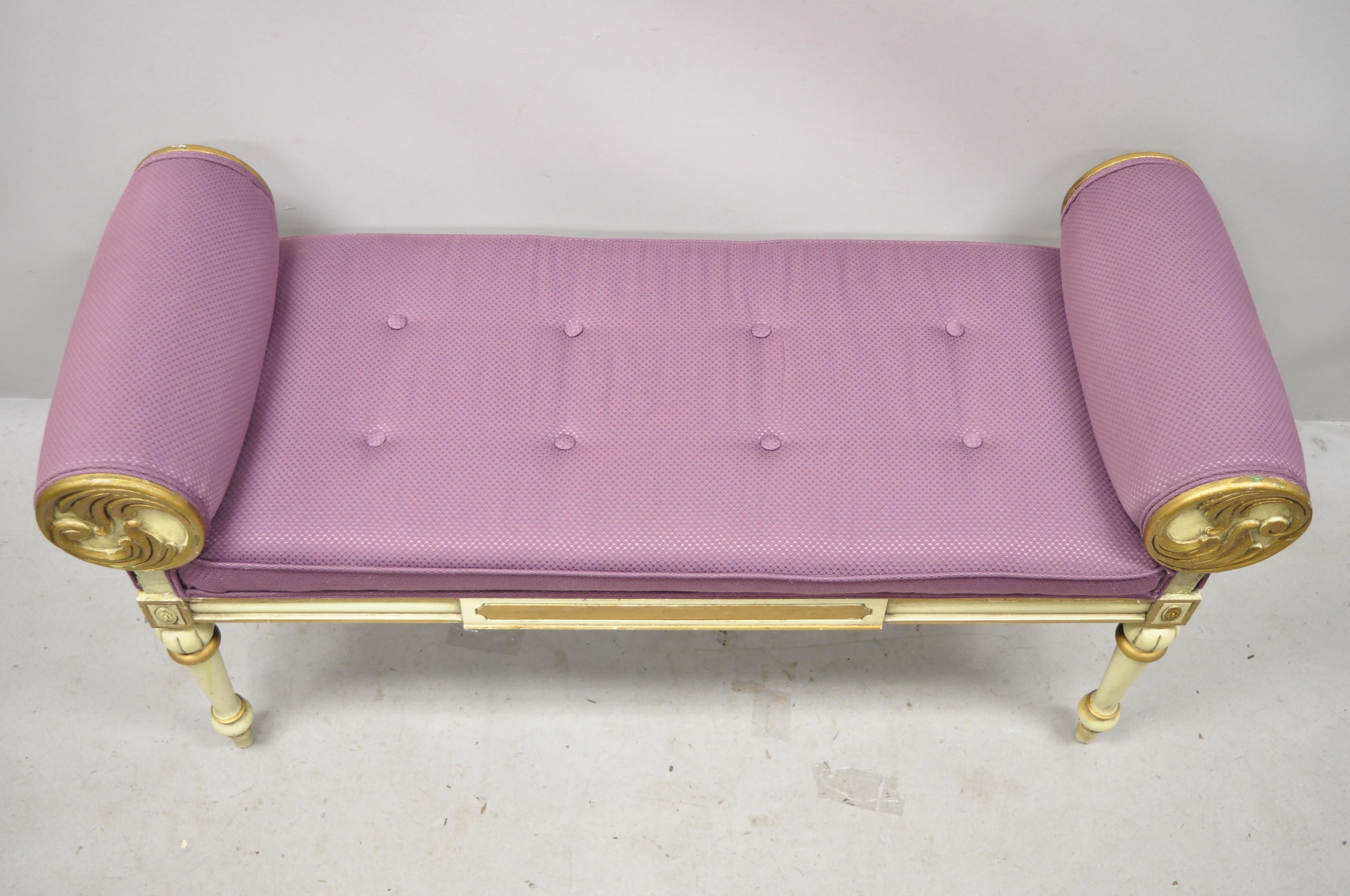 North American Vintage French Louis XVI Italian Provincial Cream Painted Purple Window Bench