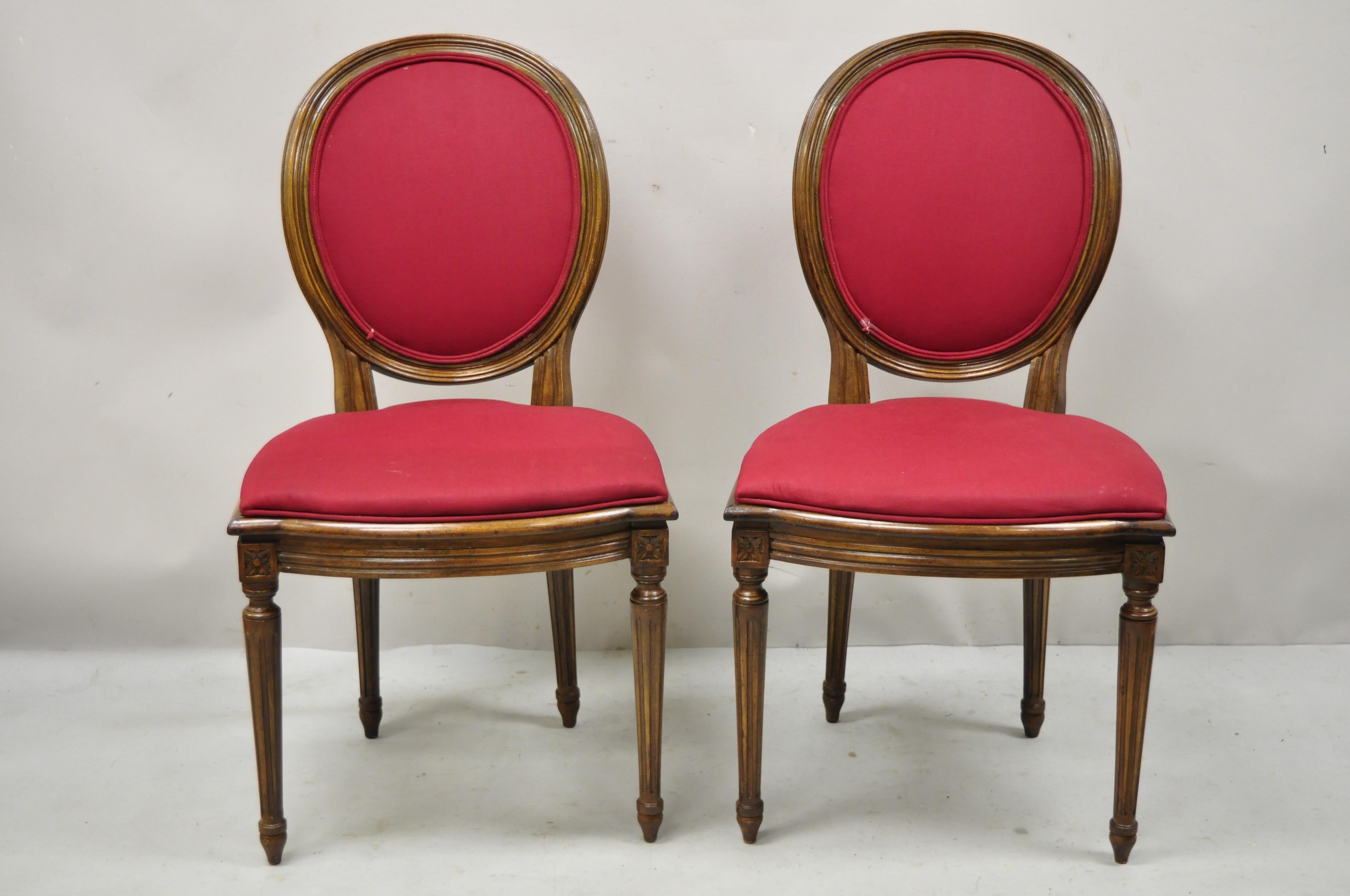 Vintage French Louis XVI Style Oval Cameo Back Red Dining Room Chairs - Set of 6. Item features (6) side chairs, oval medallion backs, solid wood frames, distressed finish, tapered legs, very nice vintage set, quality craftsmanship, great style and