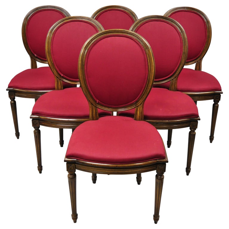 Vintage French Louis XVI Oval Cameo Back Red Dining Room Chairs Set