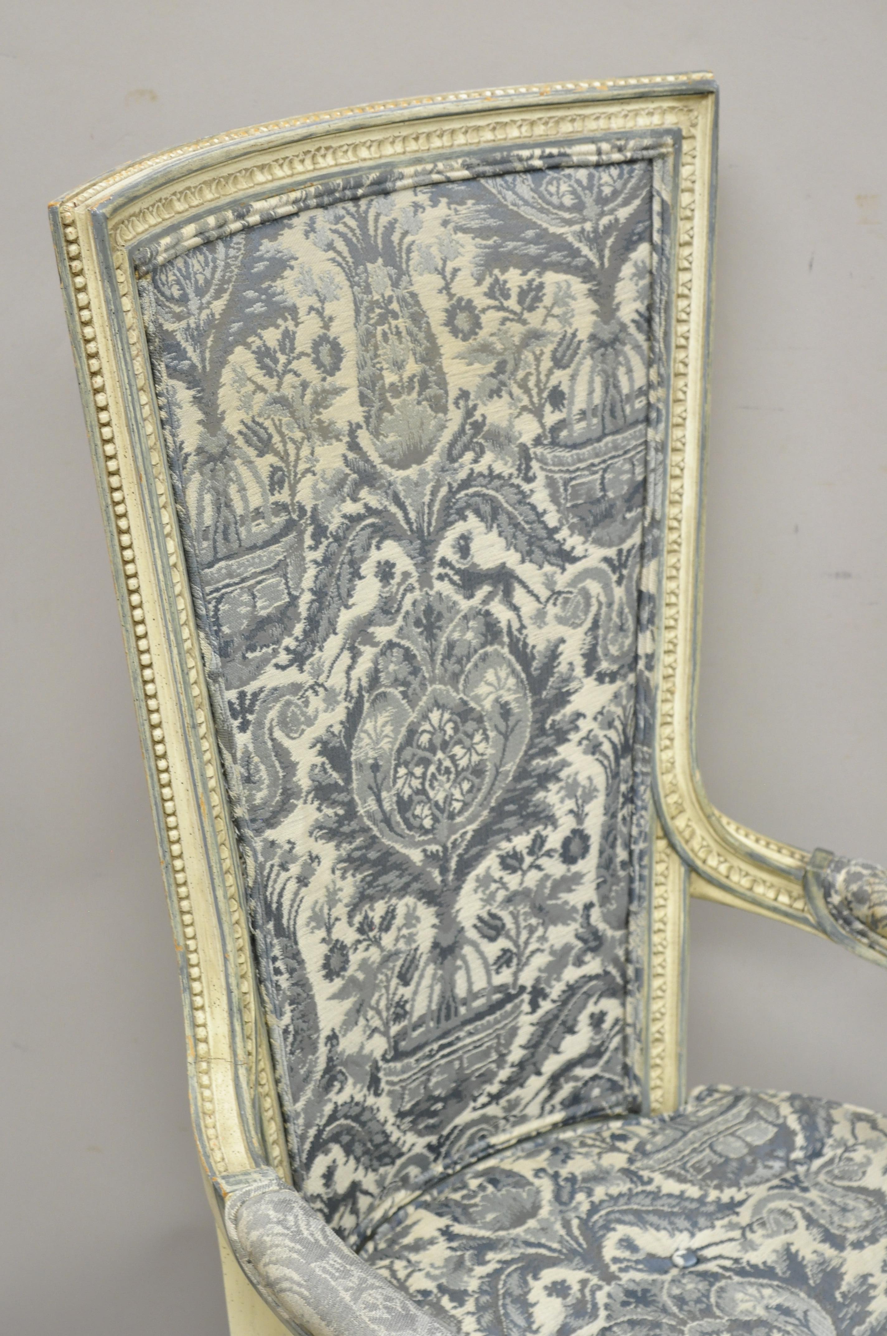 Vintage French Louis XVI Provincial Blue Cream High Back Lounge Chairs, a Pair 5