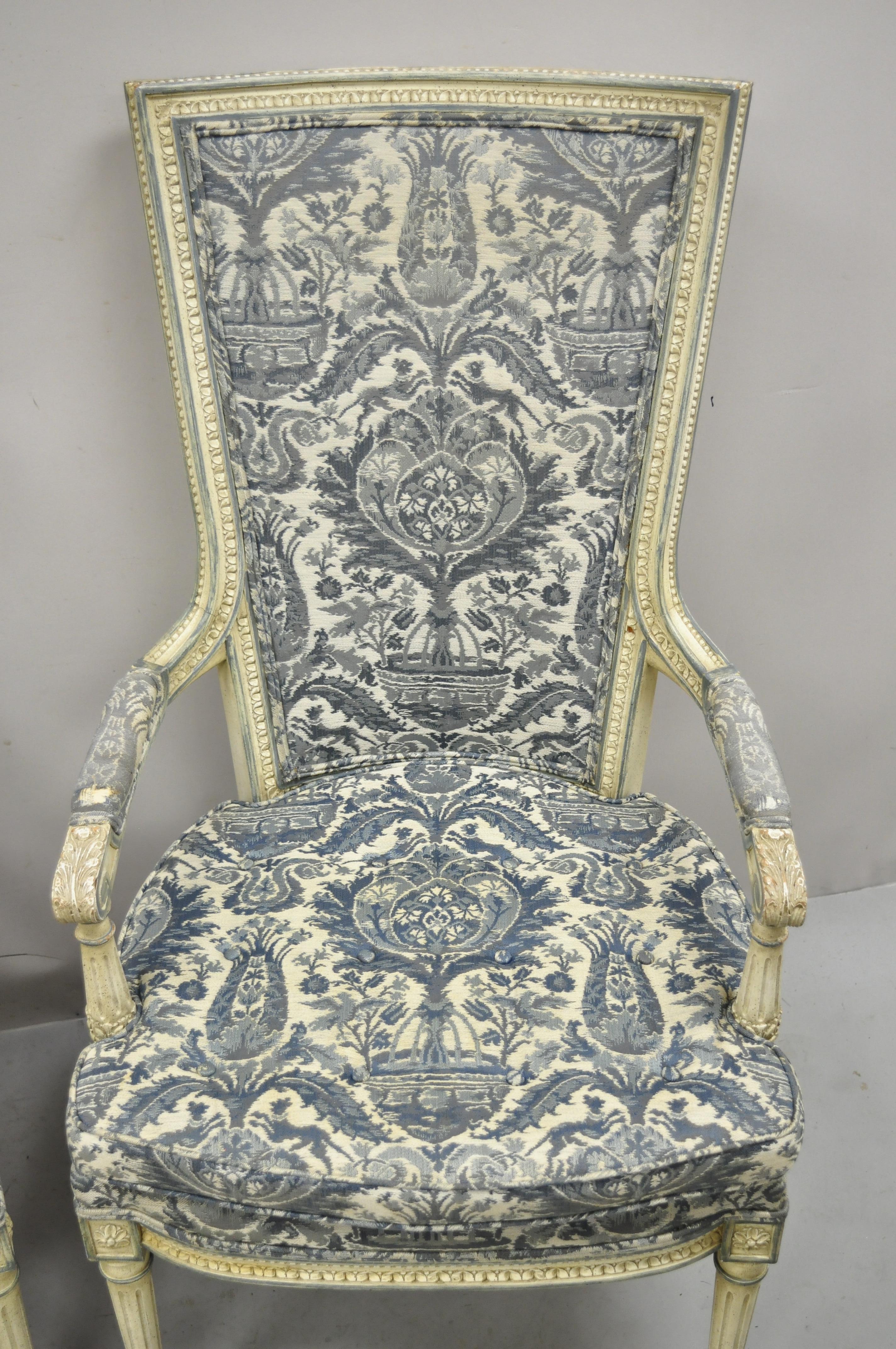Vintage French Louis XVI Provincial Blue Cream High Back Lounge Chairs, a Pair For Sale 6