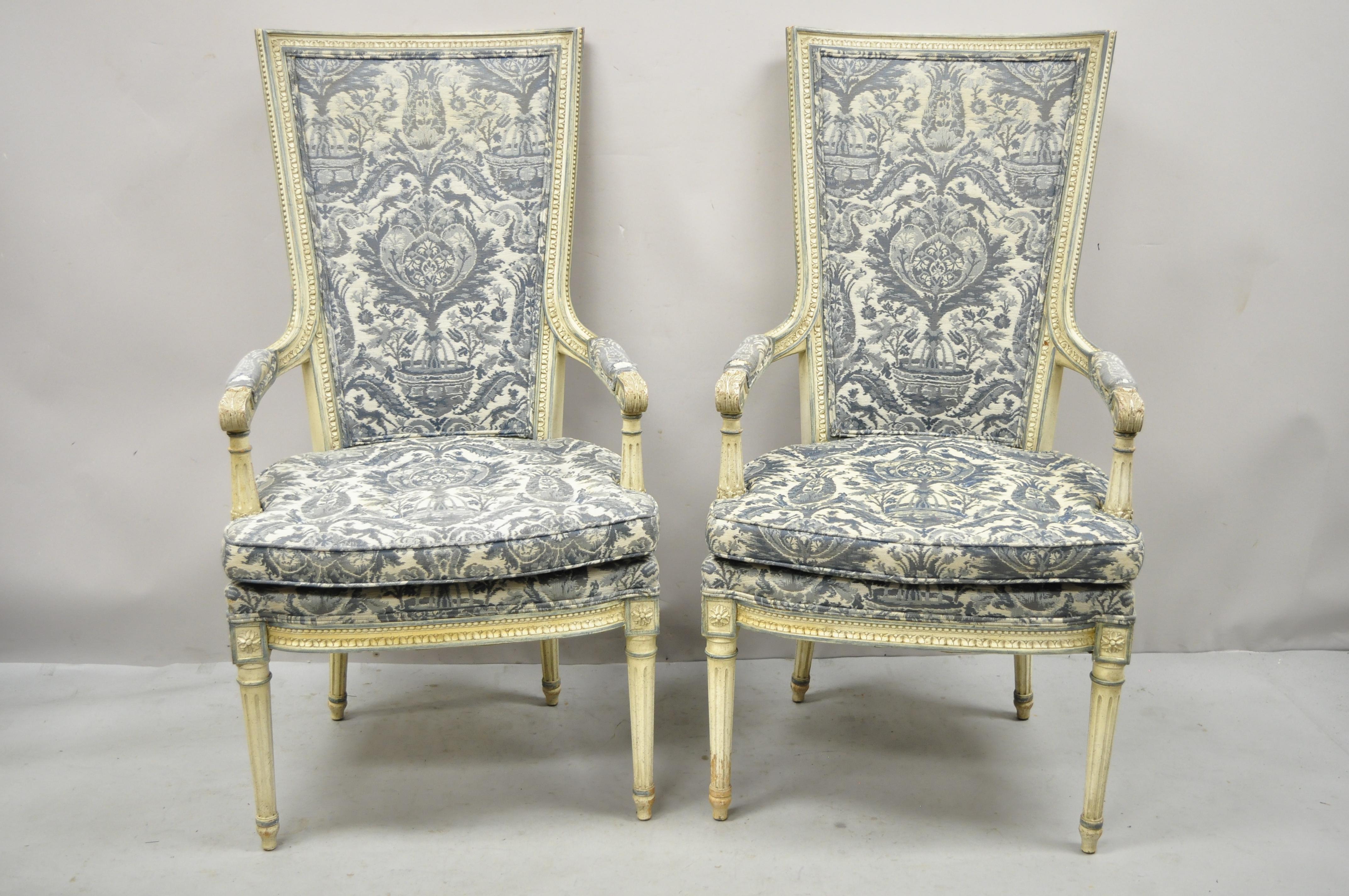 Vintage French Louis XVI Provincial Style Blue & Cream High Back Lounge Arm Chairs - a Pair. Item features blue and cream distress painted frames, blue upholstery, tall square backs, solid wood frames, upholstered armrests, tapered legs, very nice