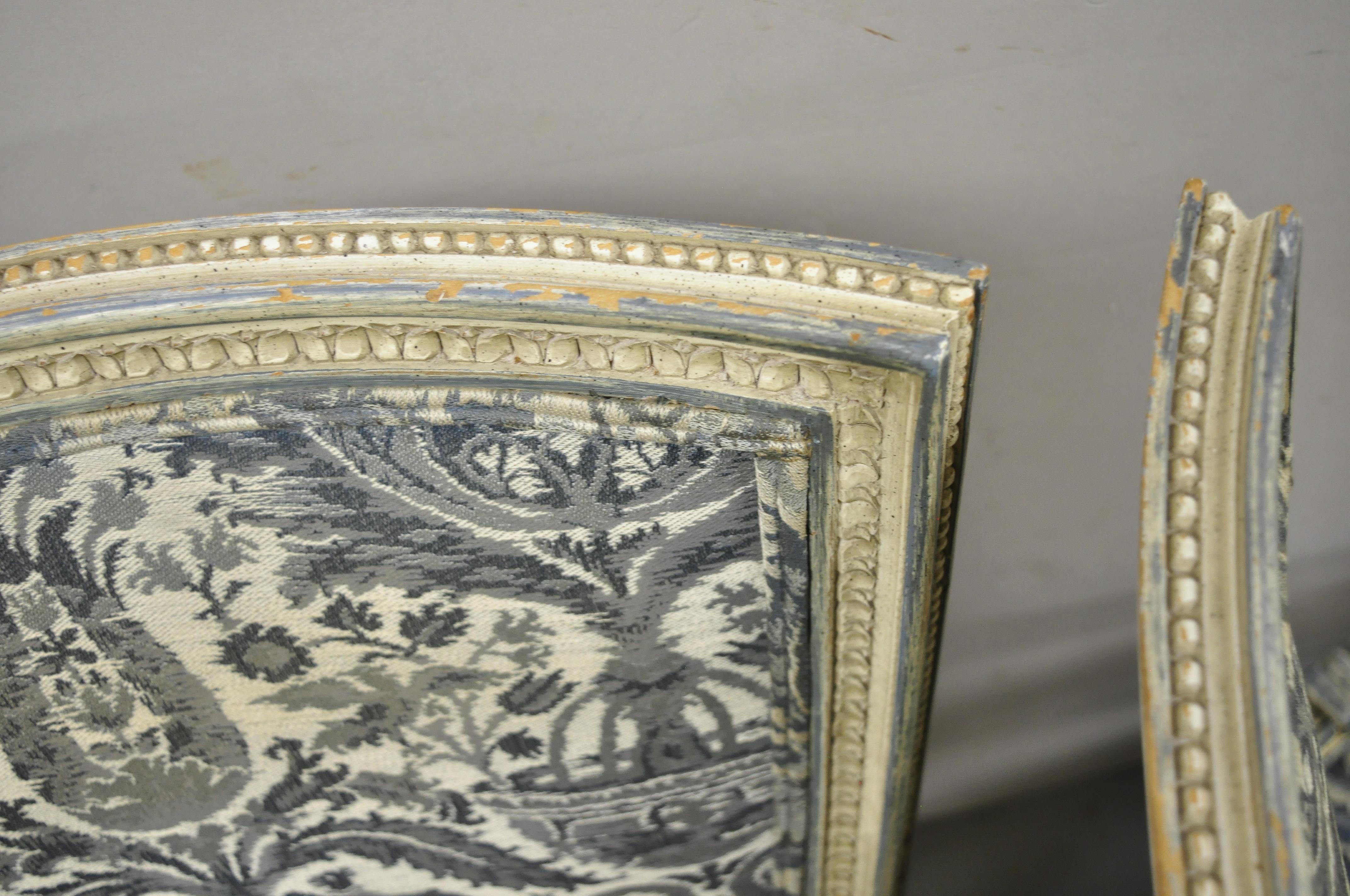 20th Century Vintage French Louis XVI Provincial Blue Cream High Back Lounge Chairs, a Pair