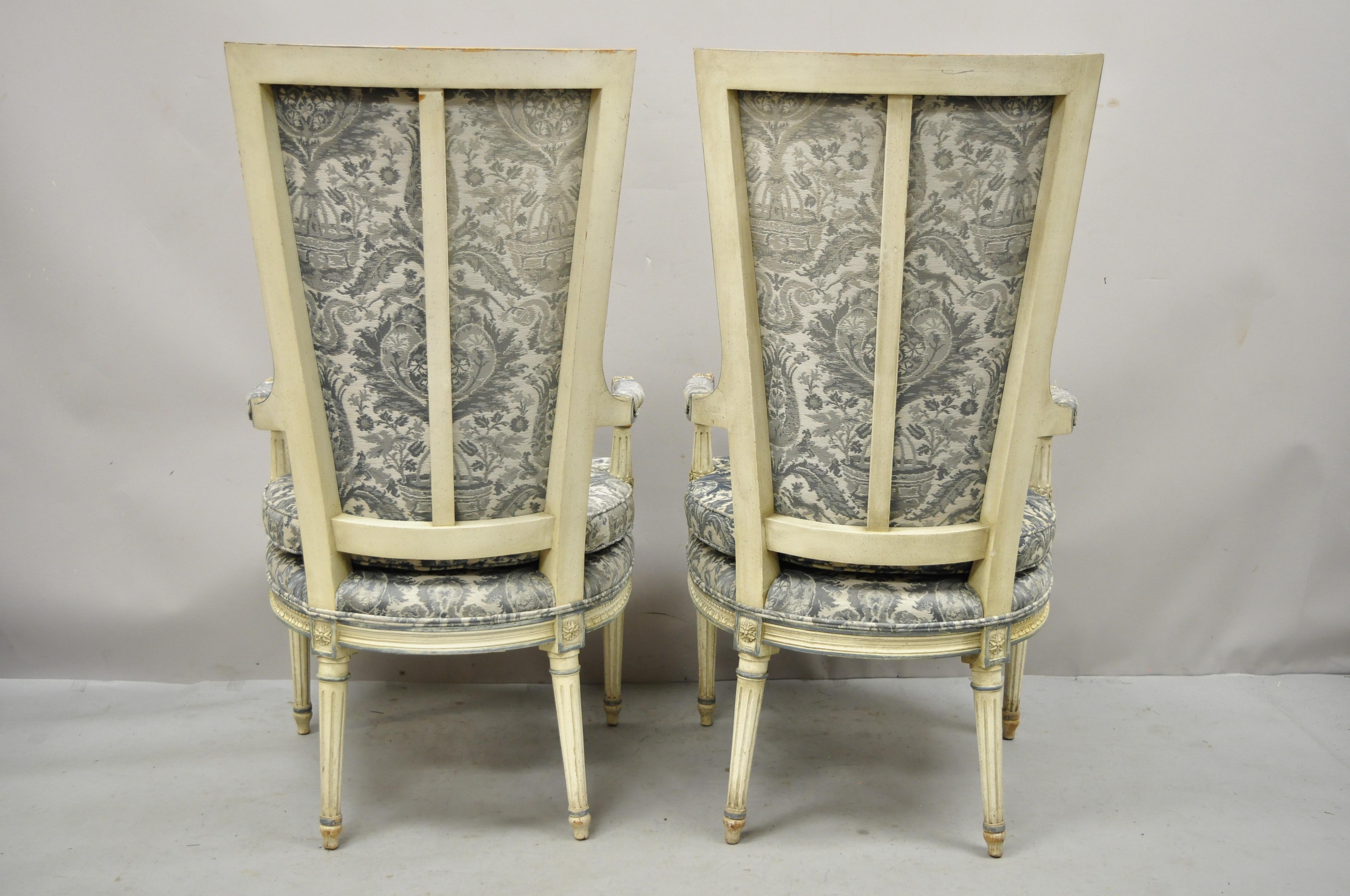 Fabric Vintage French Louis XVI Provincial Blue Cream High Back Lounge Chairs, a Pair