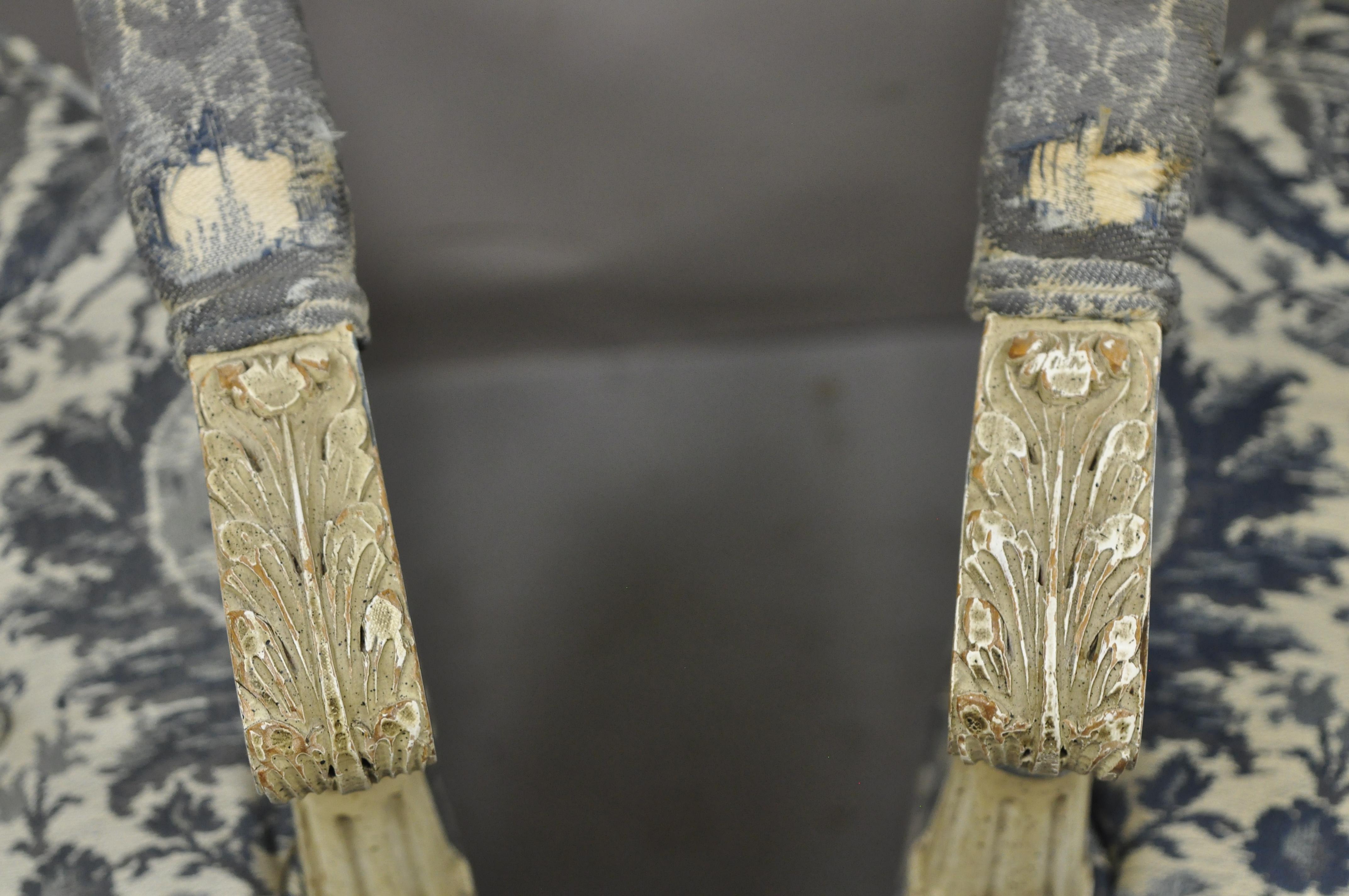 Vintage French Louis XVI Provincial Blue Cream High Back Lounge Chairs, a Pair For Sale 2