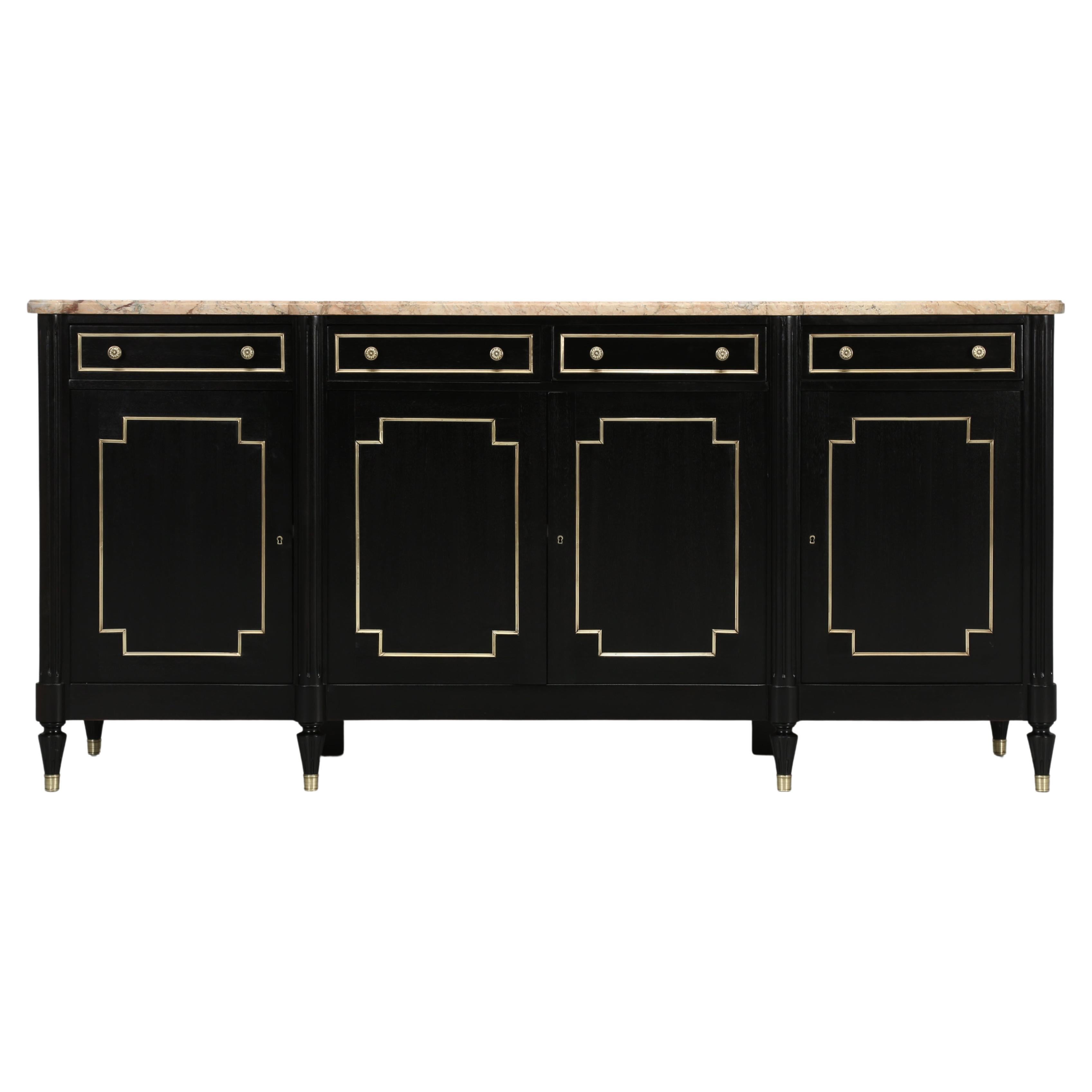 Vintage French Louis XVI Style Buffet with Marble Top in an Ebonized Finish For Sale