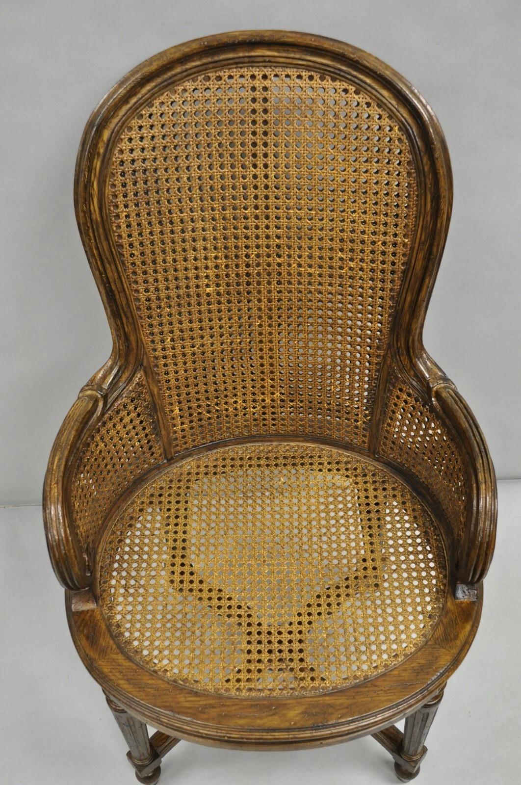 Vintage French Louis XVI Style Cane Balloon Back Walnut Arm Chairs - a Pair in vendita 3