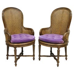 Vintage French Louis XVI Style Cane Balloon Back Walnut Arm Chairs - a Pair