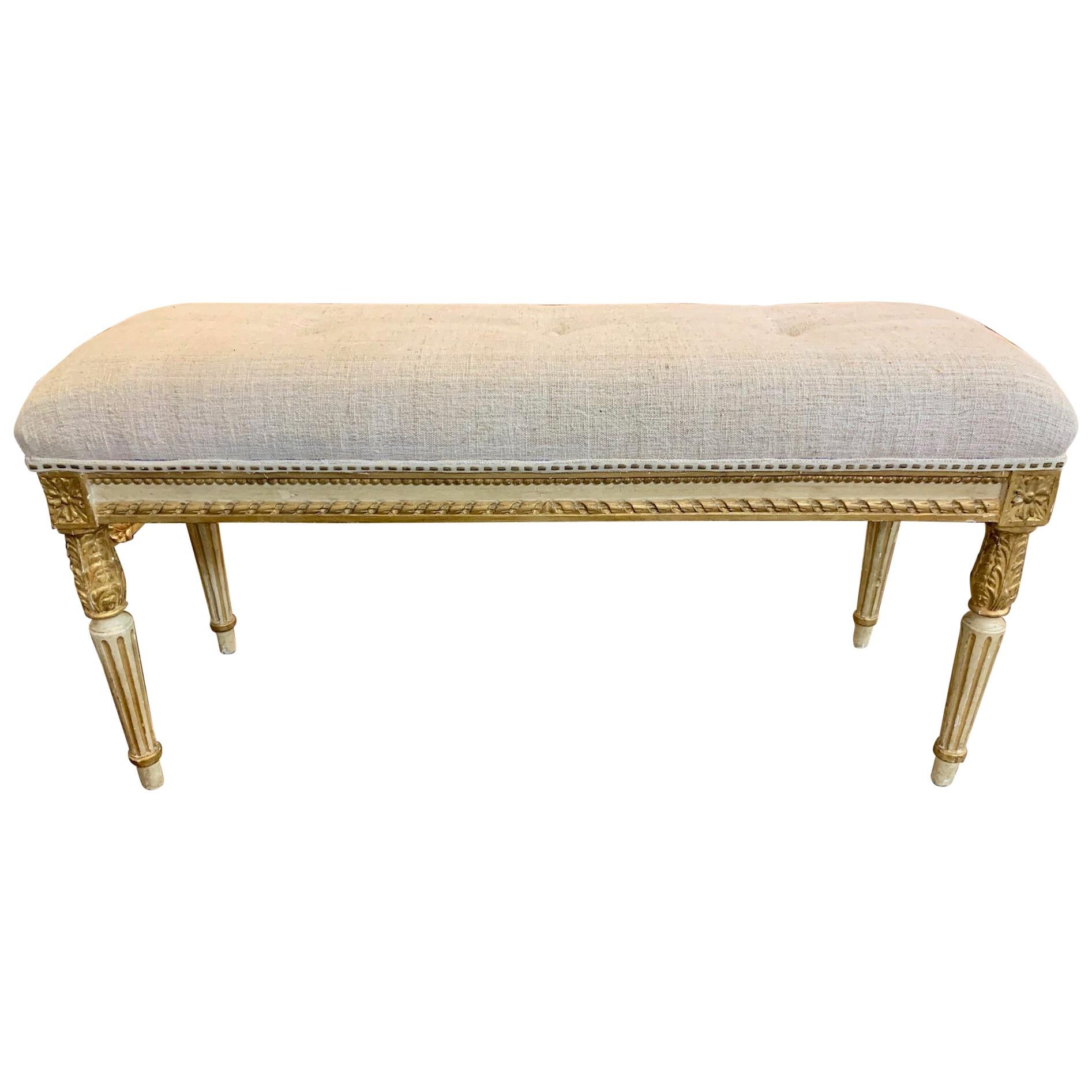 Vintage French Louis XVI Style Carved and Parcel-Gilt Upholstered Bench