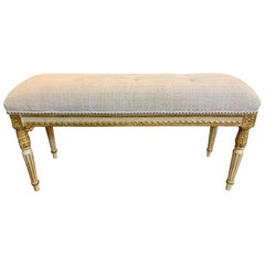 Vintage French Louis XVI Style Carved and Parcel-Gilt Upholstered Bench