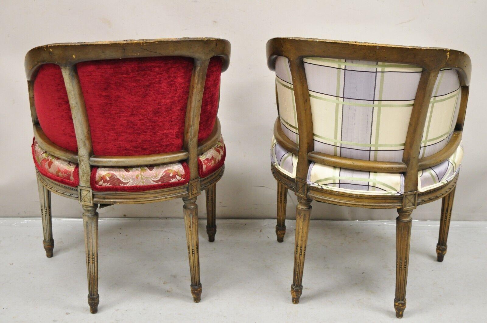 Vintage French Louis XVI Style Carved Walnut Barrel Back Boudoir Club Chair Pair 5