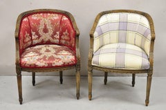 Vintage French Louis XVI Style Carved Walnut Barrel Back Boudoir Club Chair Pair