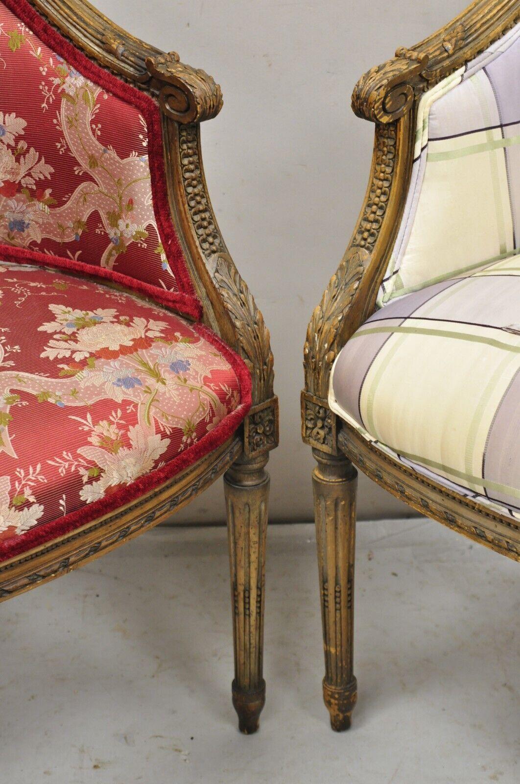 Vintage French Louis XVI Style Carved Walnut Barrel Back Boudoir Club Chair Pair In Good Condition In Philadelphia, PA