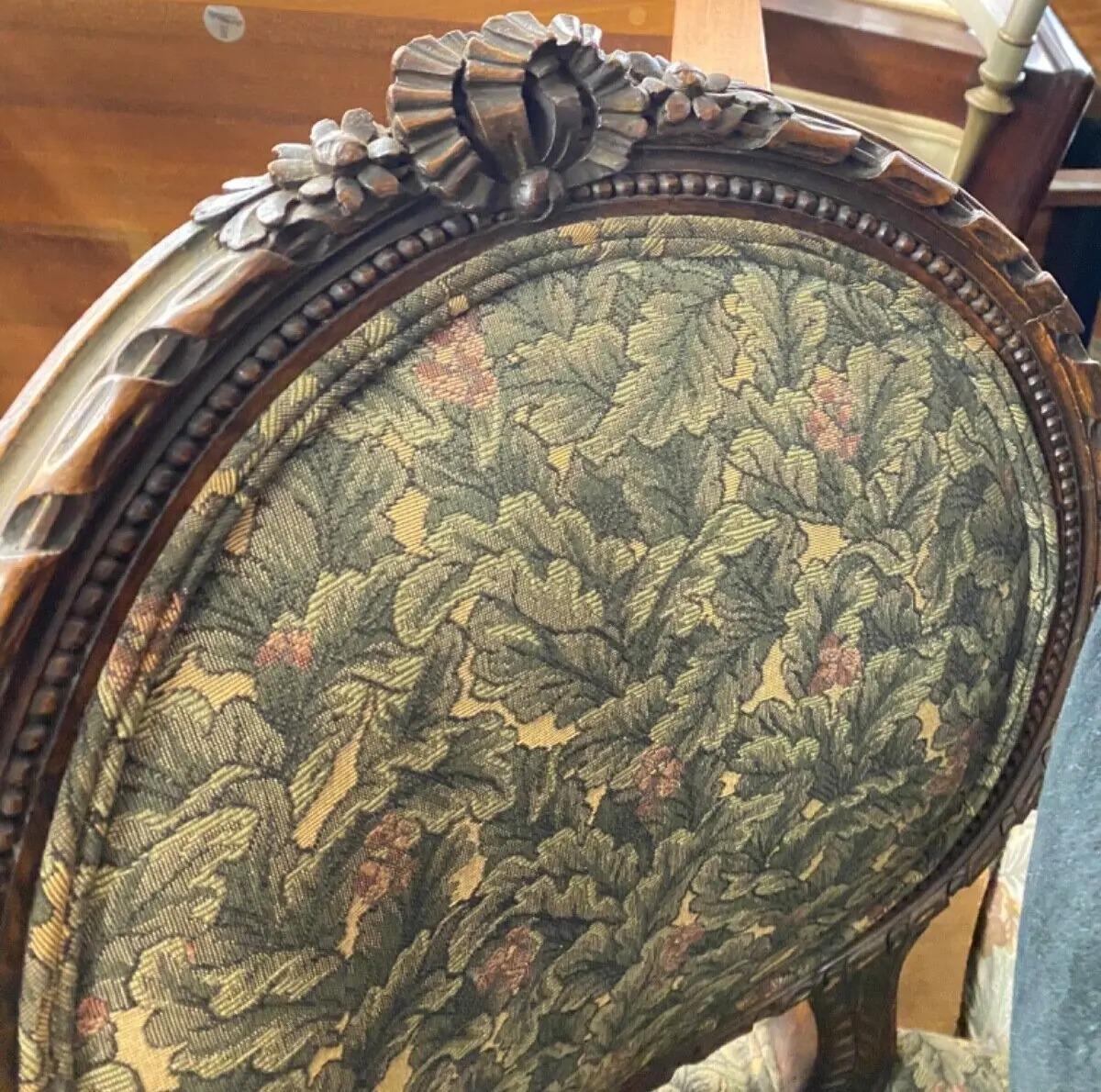 Vintage French Louis XVI Style Carved Walnut Fireside Arm Chair Fauteuil In Good Condition For Sale In Philadelphia, PA