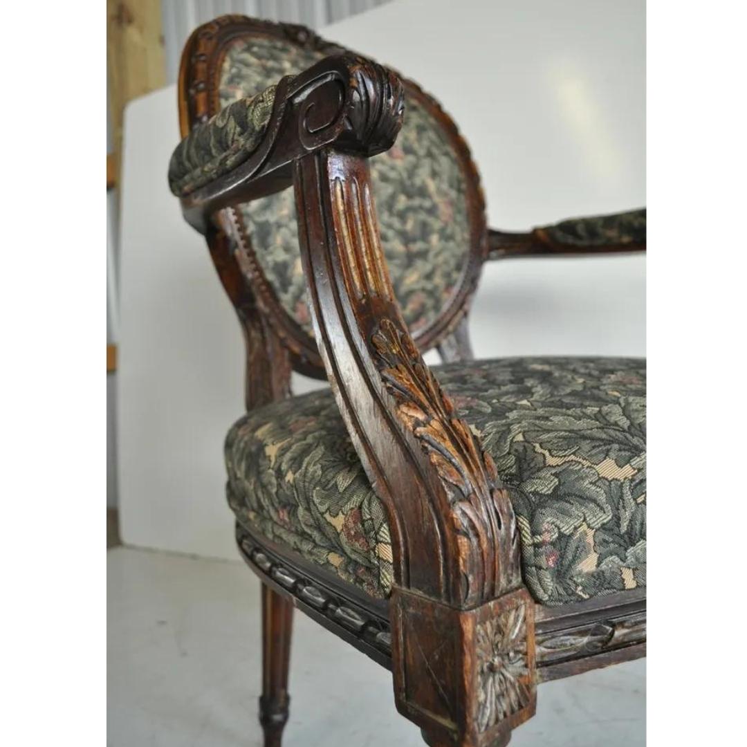 Mahogany Vintage French Louis XVI Style Carved Walnut Fireside Arm Chair Fauteuil For Sale