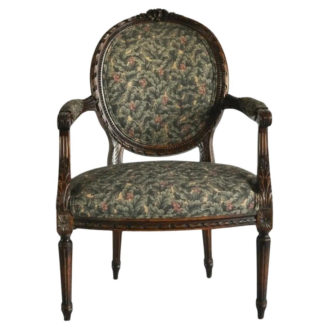 Vintage French Louis XVI Style Carved Walnut Fireside Arm Chair Fauteuil For Sale