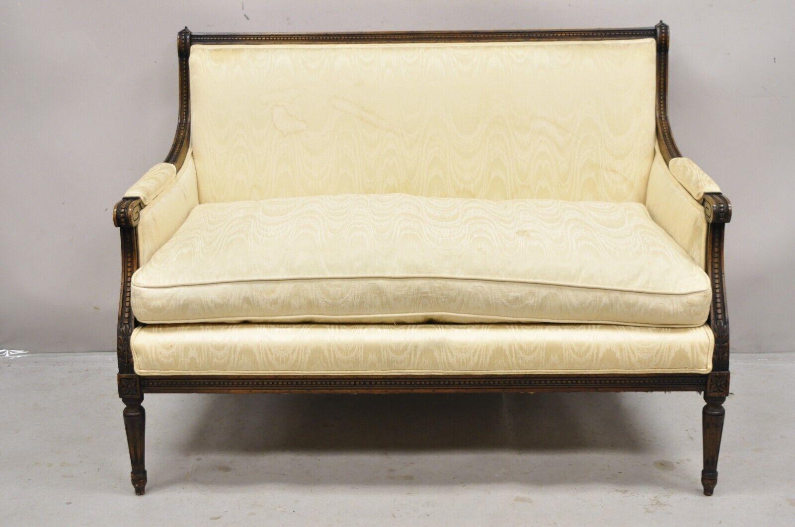 Vintage French Louis XVI Style Carved Walnut Upholstered Settee Loveseat Sofa 7