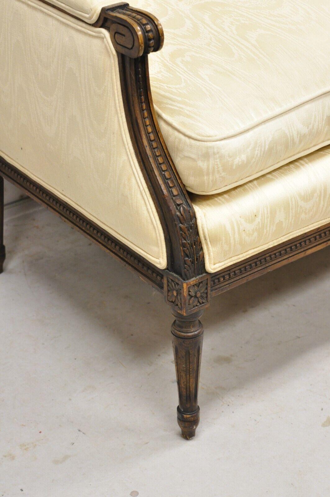 Vintage French Louis XVI Style Carved Walnut Upholstered Settee Loveseat Sofa In Good Condition In Philadelphia, PA
