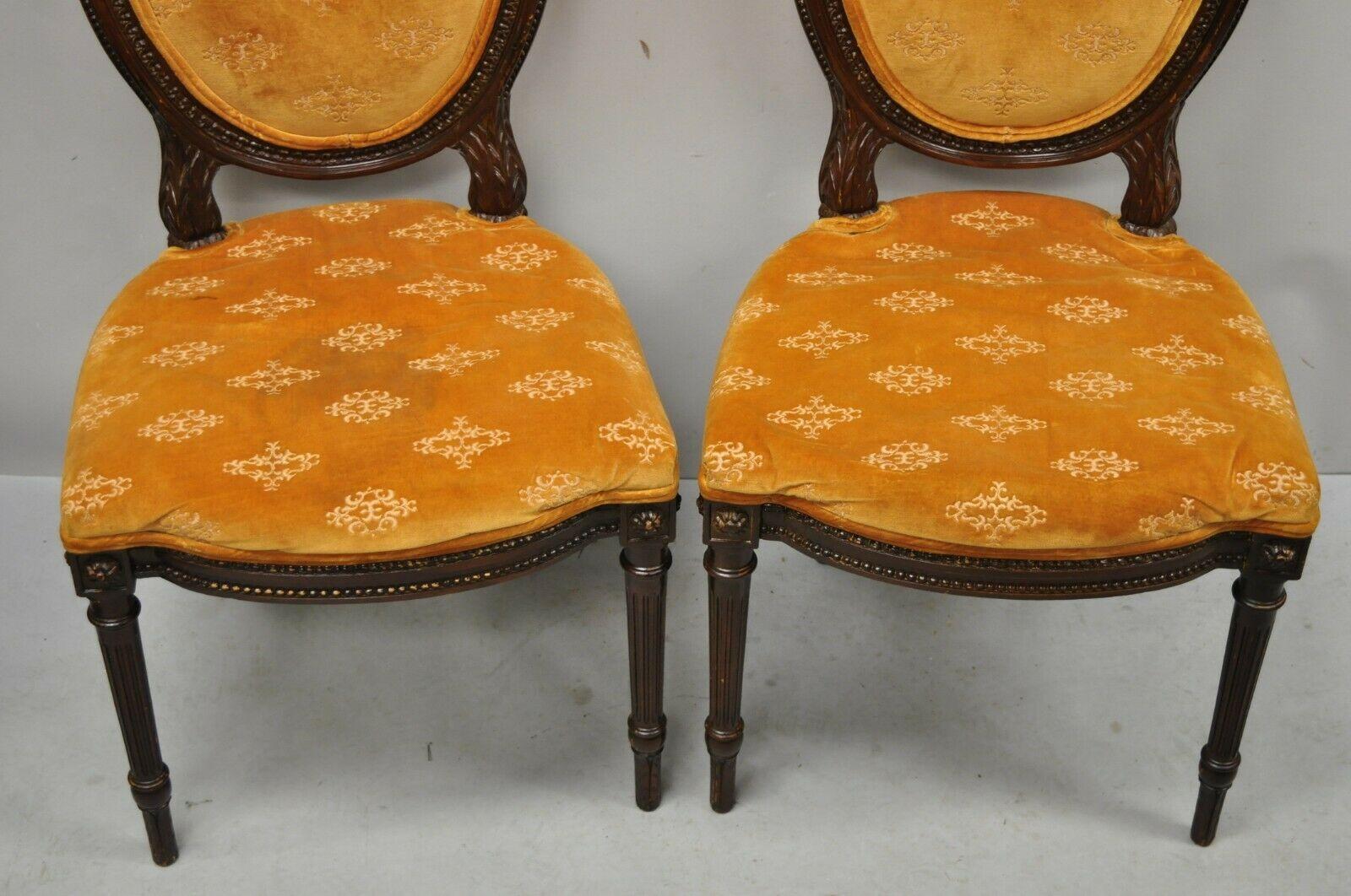 Italian Vintage French Louis XVI Style Carved Wood Oval Back Dining Side Chairs - a Pair