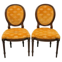 Vintage French Louis XVI Style Carved Wood Oval Back Dining Side Chairs - a Pair