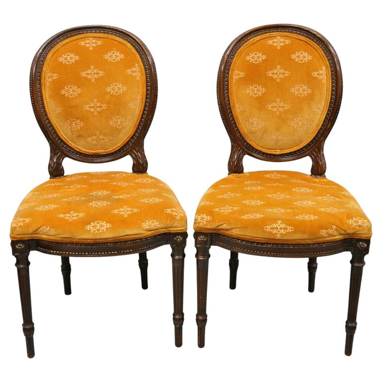 Vintage French Louis XVI Style Carved Wood Oval Back Dining Side Chairs