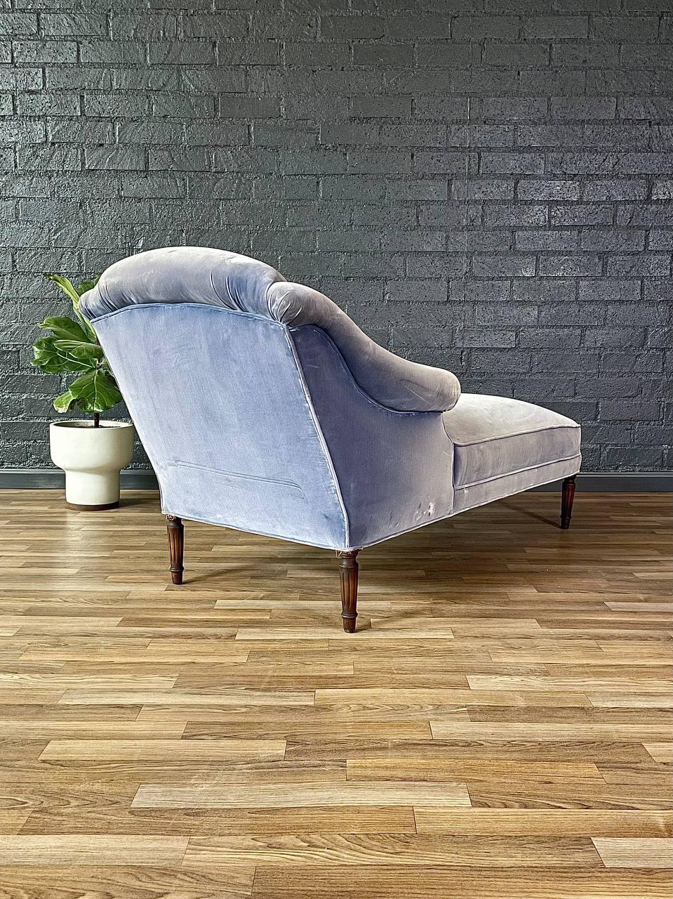 Velvet Vintage French Louis XVI Style Chaise Lounge w/ Fluted Legs