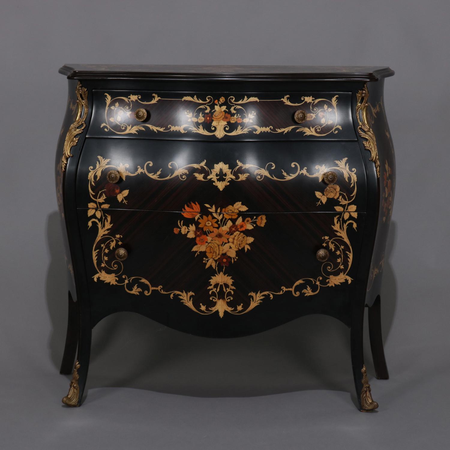 Vintage French Louis XVI Style Ebonized & Gilt Three-Drawer Commode 20th Century In Good Condition In Big Flats, NY