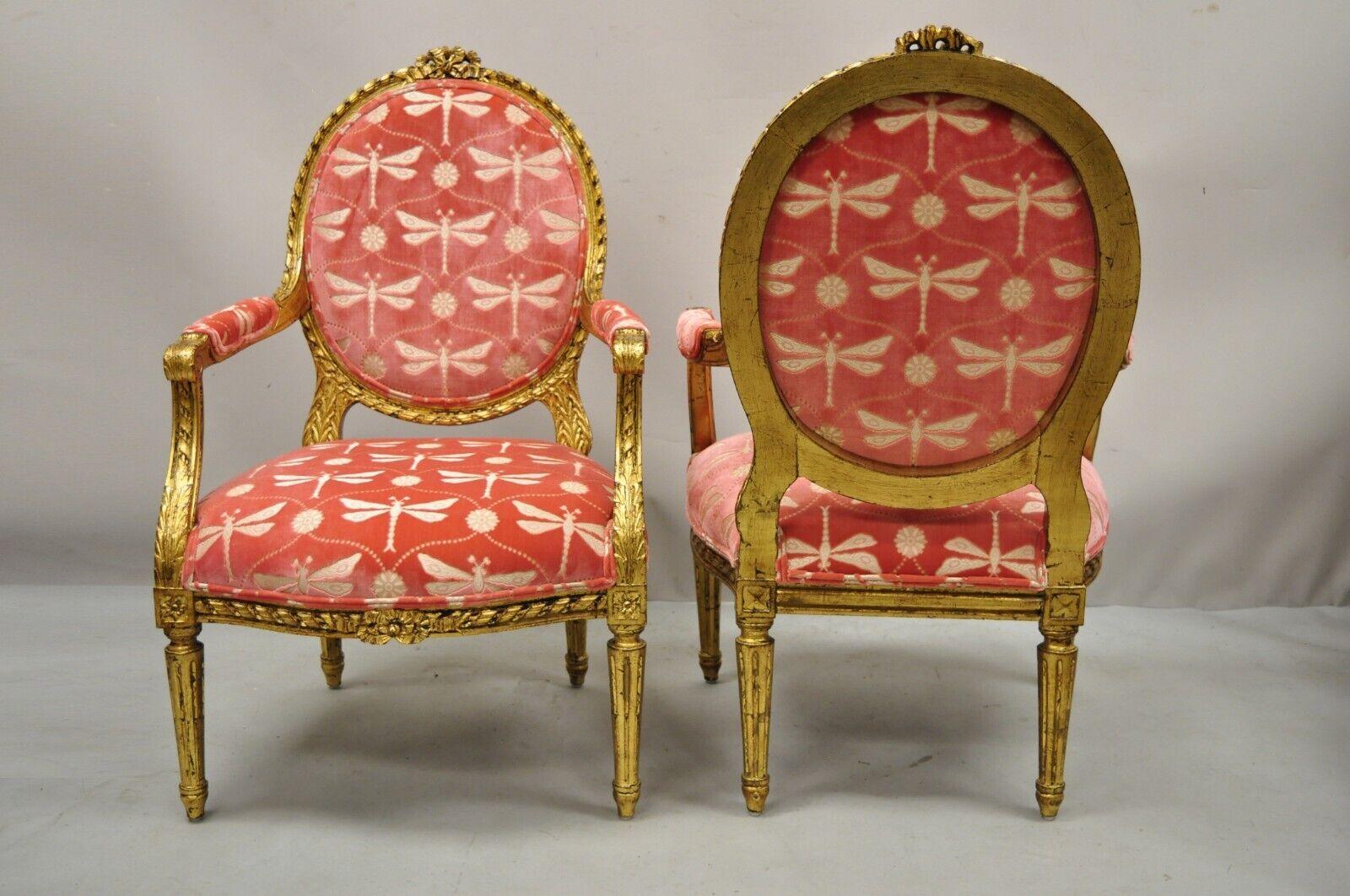 Vintage French Louis XVI Style Gold Giltwood Pink Arm Chairs - a Pair            5